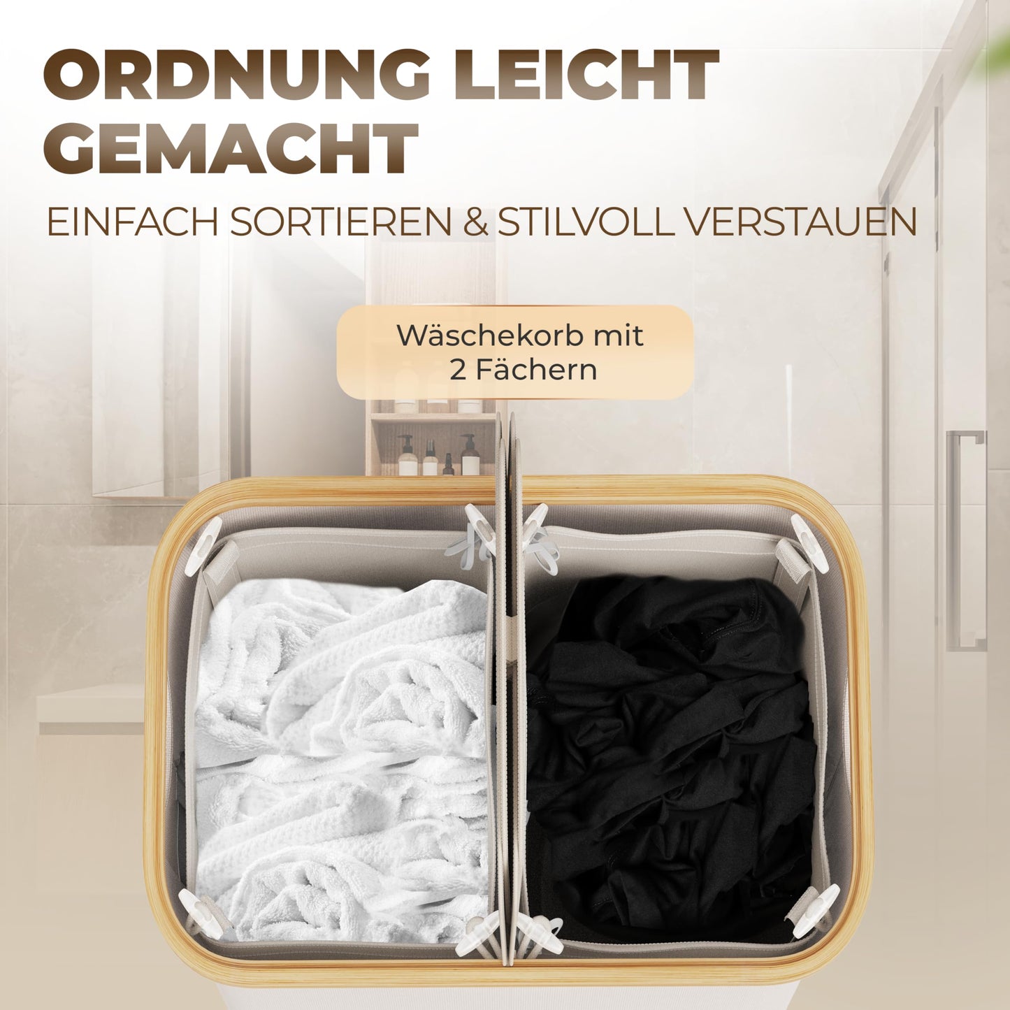 Laundry basket 150L with 2 lids and 2 compartments - Foldable laundry collector made of bamboo fabric Beige - Laundry box, laundry chest, laundry container, laundry separator for bathroom, bedroom & laundry room.