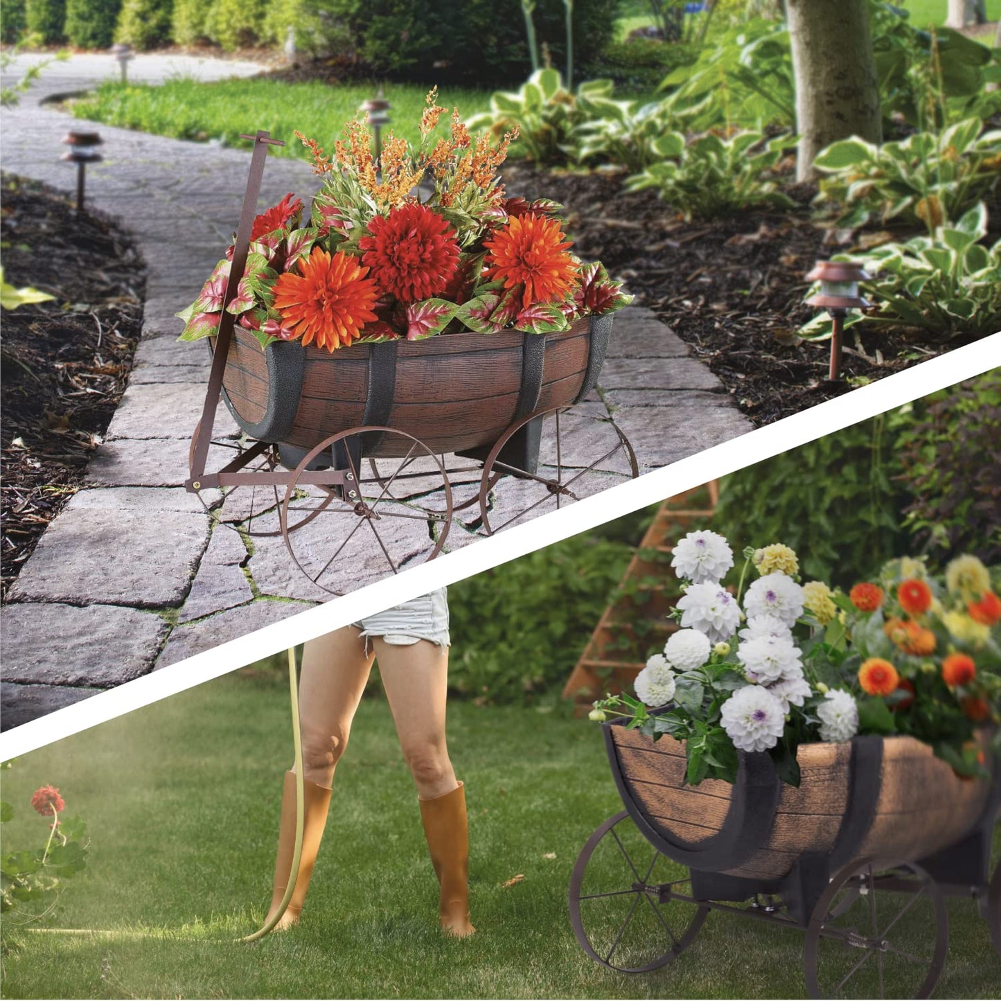 STREND PRO Floral Cart Whiskey Barrel - Plant cart on wheels, garden decoration flower pot barrel - realistic wooden look flower pot - flower pot plant wheelbarrow - wooden handcart, wooden wagon