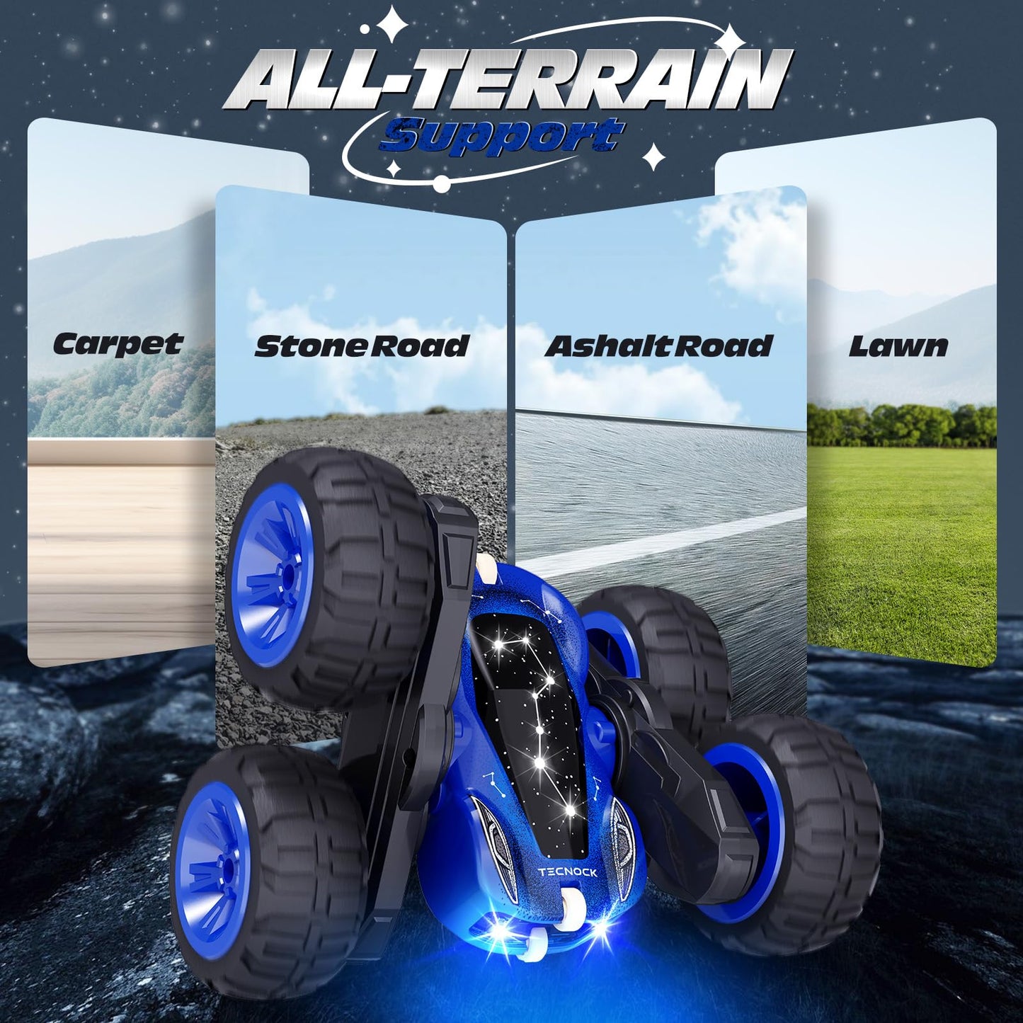 Tecnock 2025 Remote Control Car with 2.4 GHz Remote 360°Flip Stunts Rc Car Monster Truck with Colorful Lights for 6-12 Year Olds Outdoor Toy Gift for Young Children