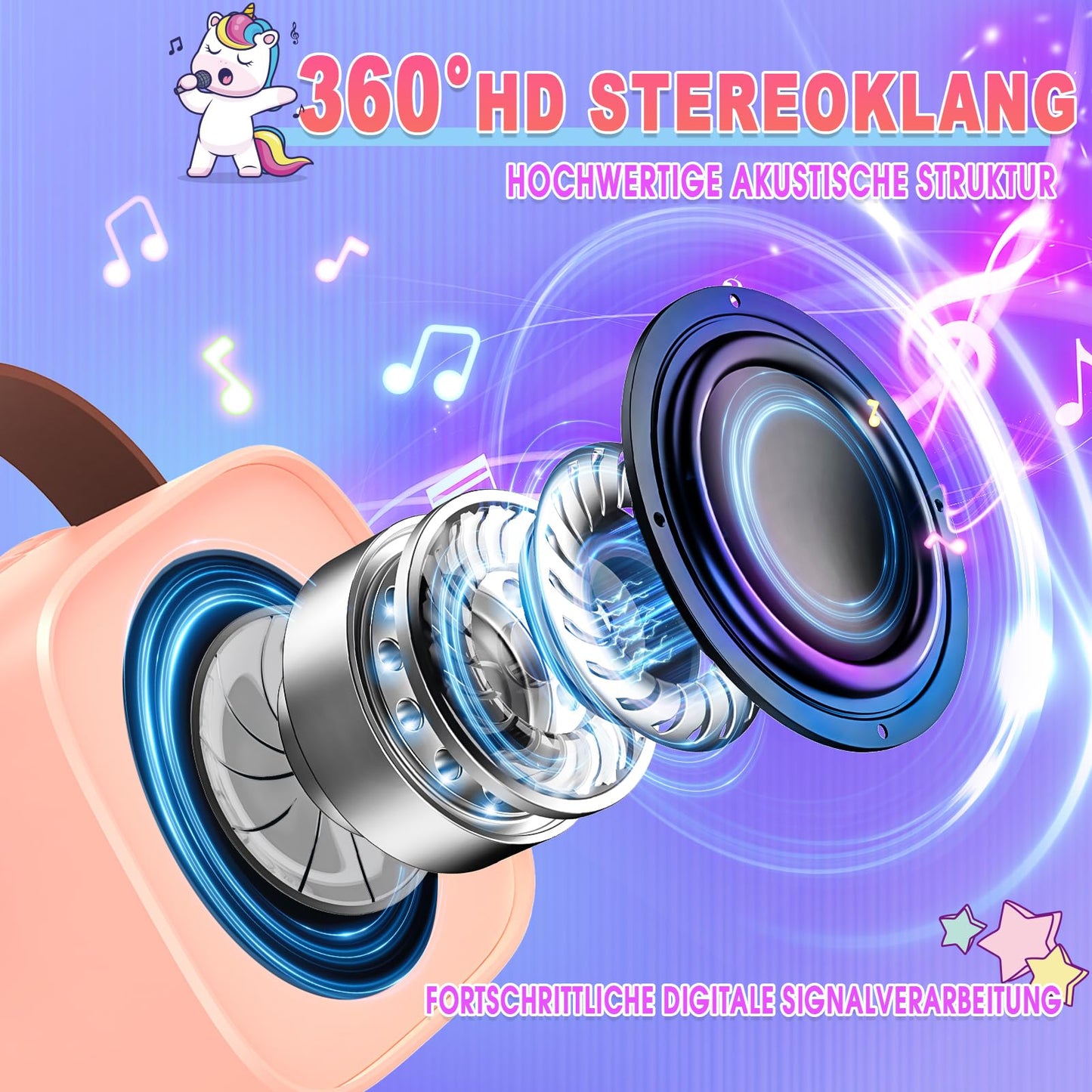 Disco light Karaoke Machine with 2 Bluetooth microphones for kids, unicorn gift for girls 3-12 years old. Portable karaoke microphone toy for kids aged 3-12, girls gift microphone for kids.