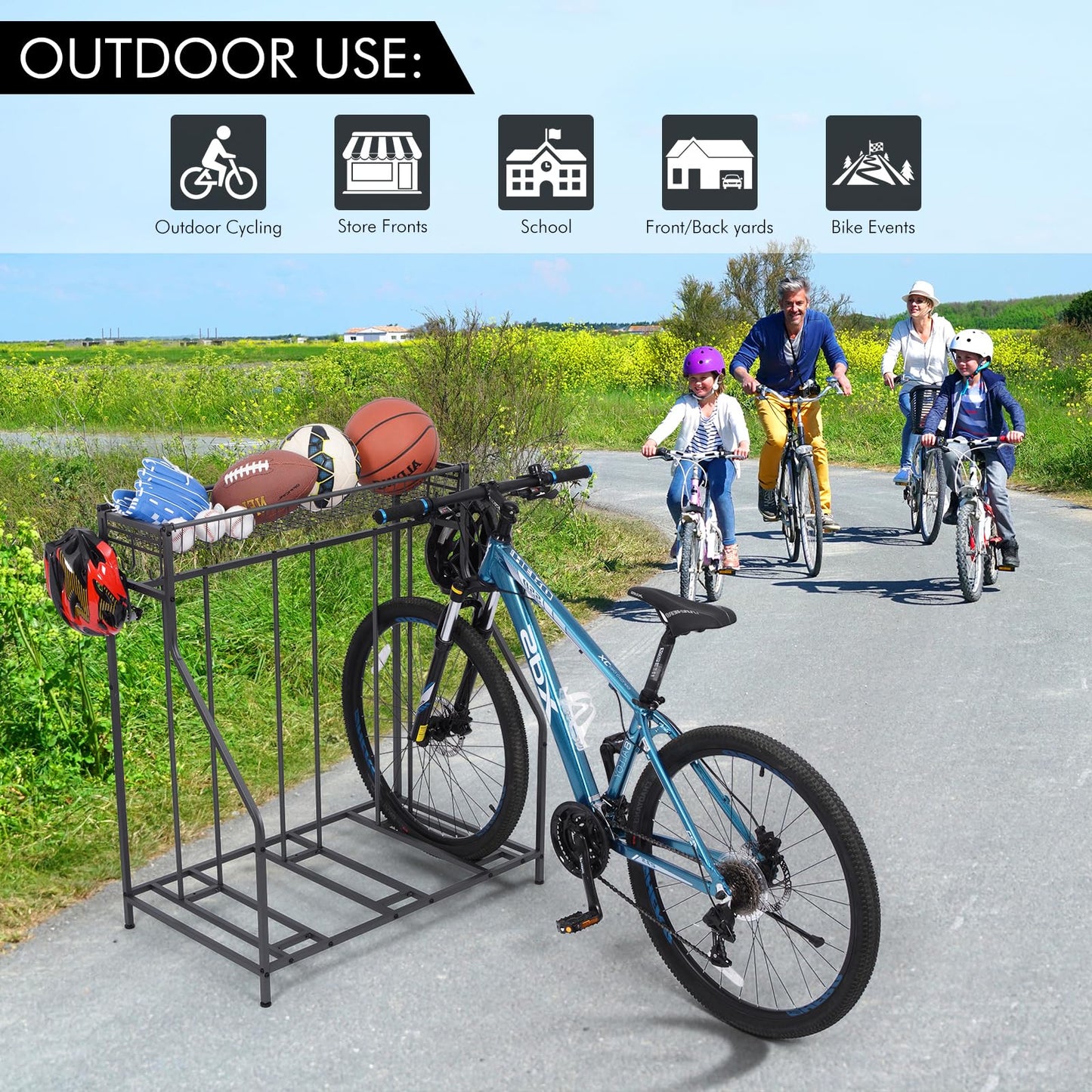 Bike rack, bicycle parking stand with 3 bike slots, extra wide basket, 6 hooks, adjustable bike slot for garage storage mountain bike, kids' bikes, bike stand