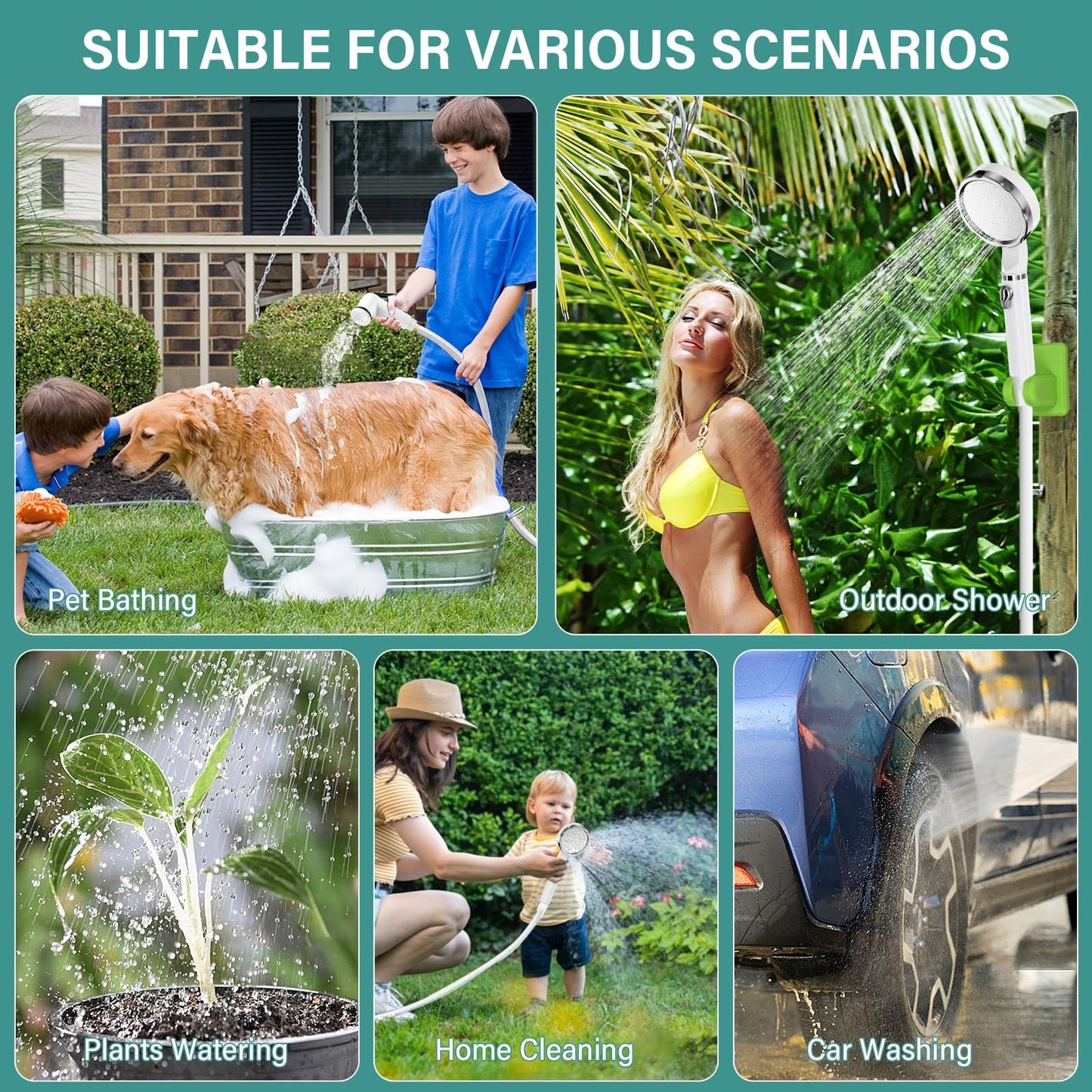 Upgrade portable camping shower, camping shower with rechargeable 6000mAh battery and temperature display, mobile shower set with shower head and hose for hiking, camping, traveling, beach, pet.