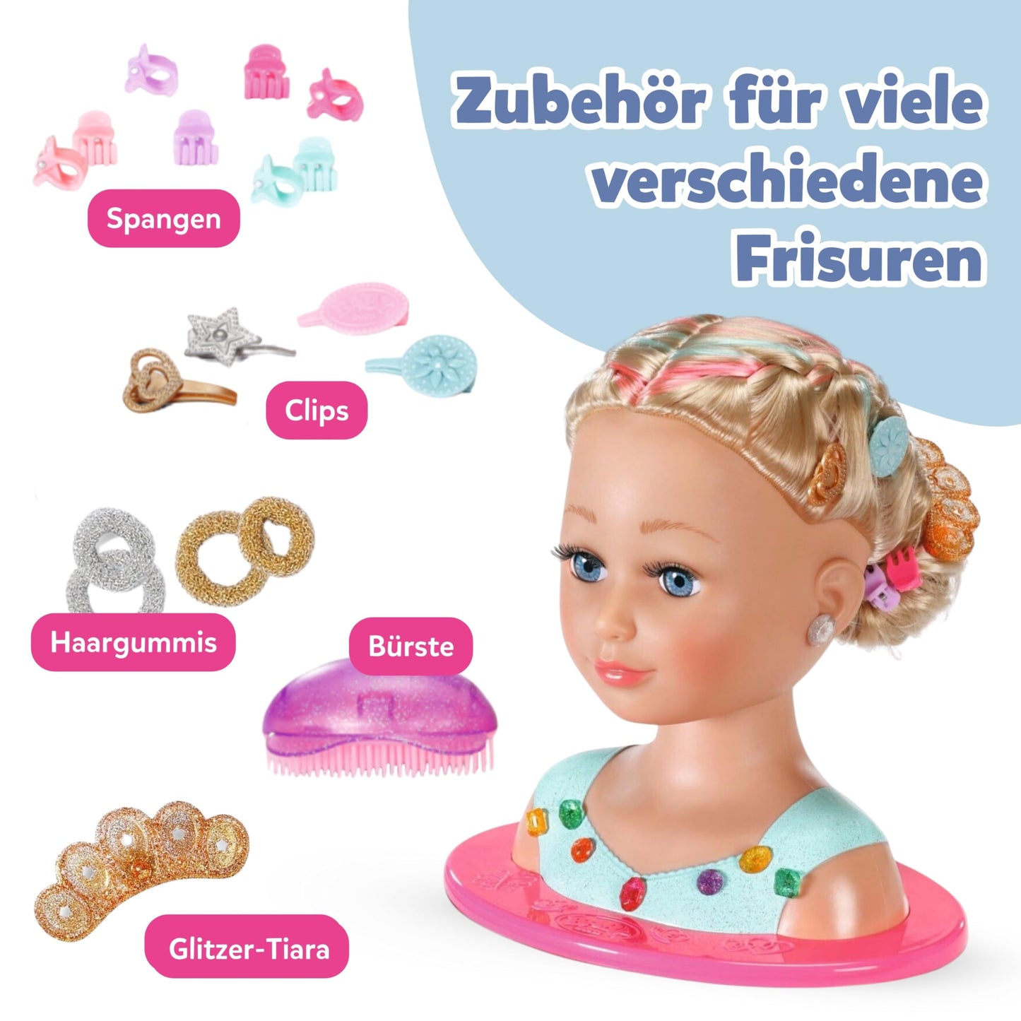 BABY Born Princess Styling Head, doll styling head for kids with long blonde hair including makeup palette, brush, and styling accessories, makeup for doll and kids' skin, 835432 Zapf Creation