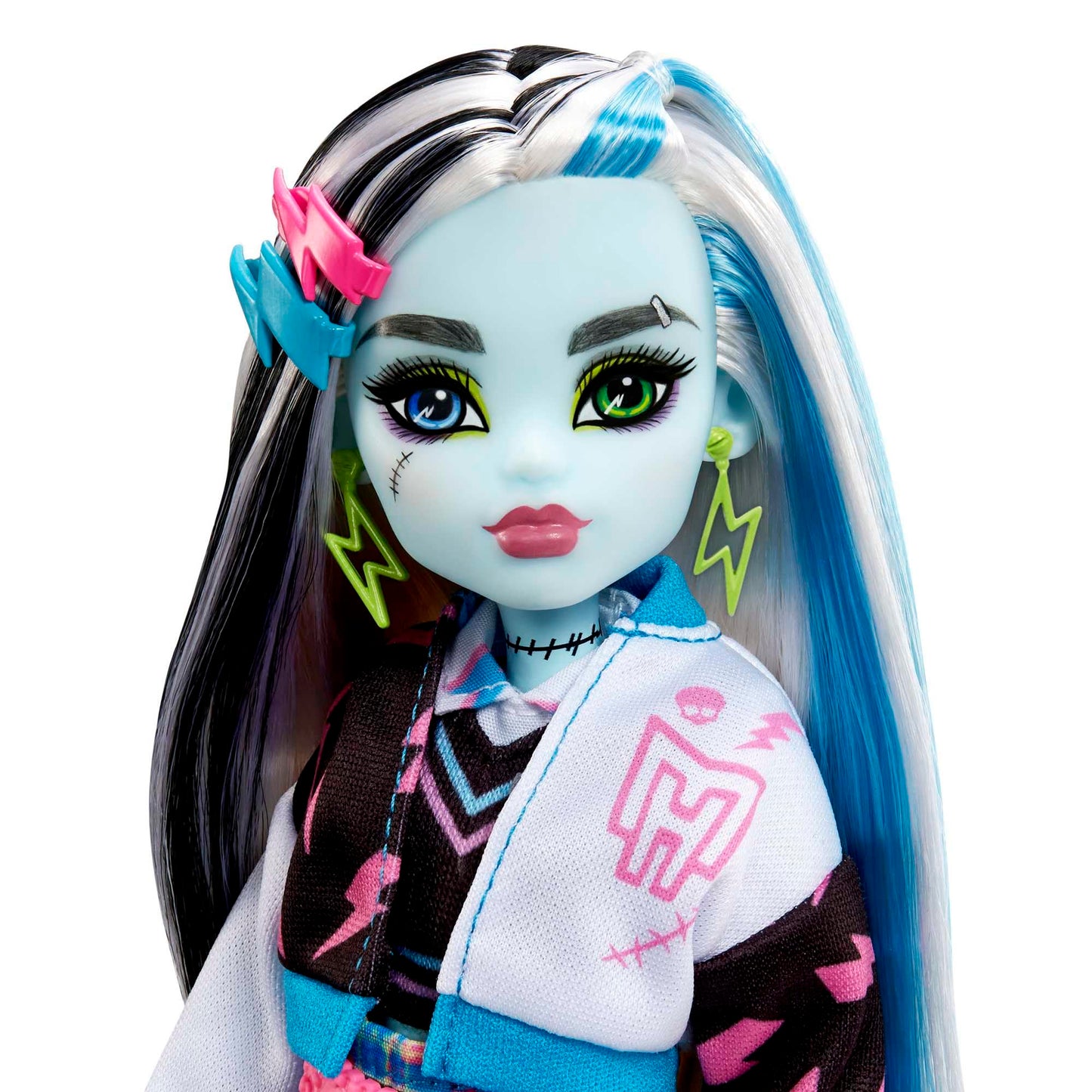 Monster High Frankie Doll, Electrifying Fashion, Voltageous College Jacket, creepy accessories, flexible body, for kids ages 4+, HHK53