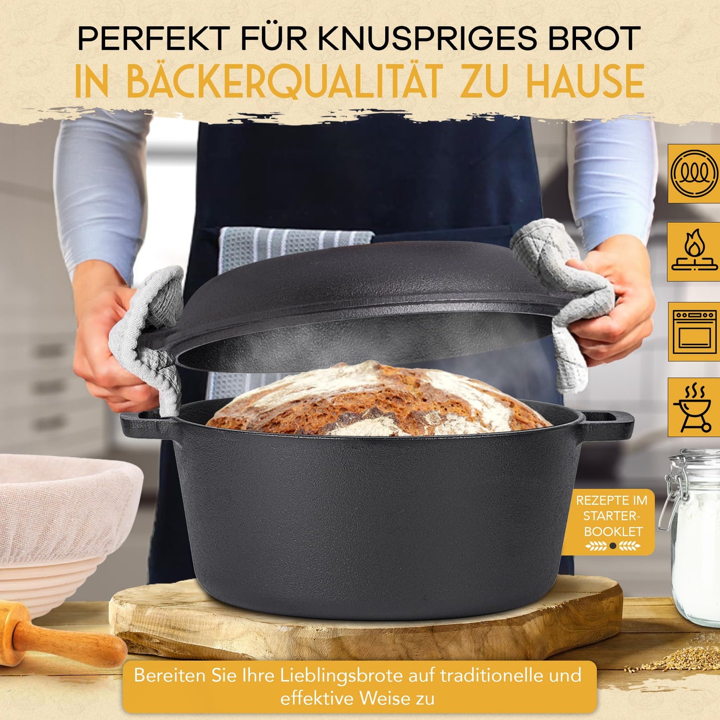 SUPERKRUST Cast Iron Pot Bread Baking including proofing basket, baker's knife & dough scraper - bread baking form with lid 26cm - Ideal bread pot, cast iron pot bread baking, bread baking accessory, bread form.