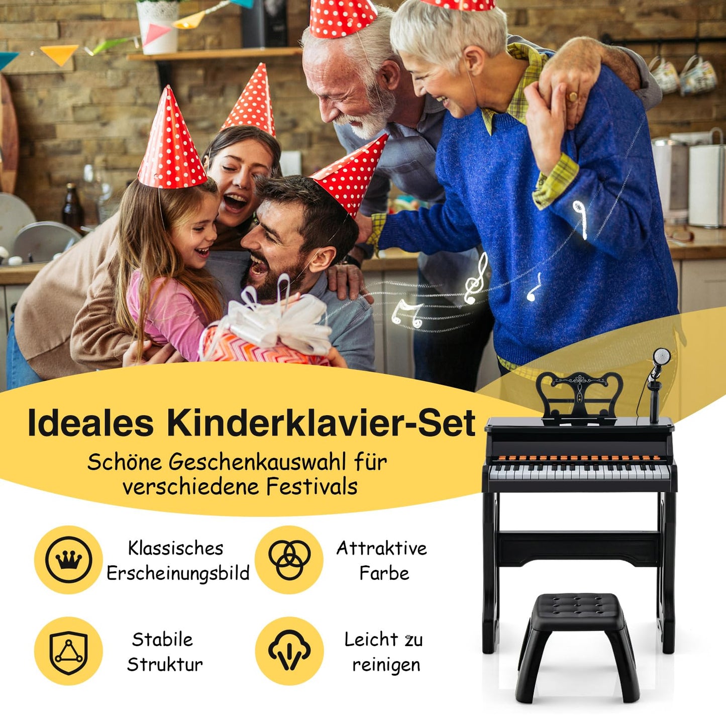 COSTWAY 37-Key Kids Keyboard, electronic child piano with stool, adjustable microphone & music stand, kids piano keyboard for children aged 3 and up (Black)