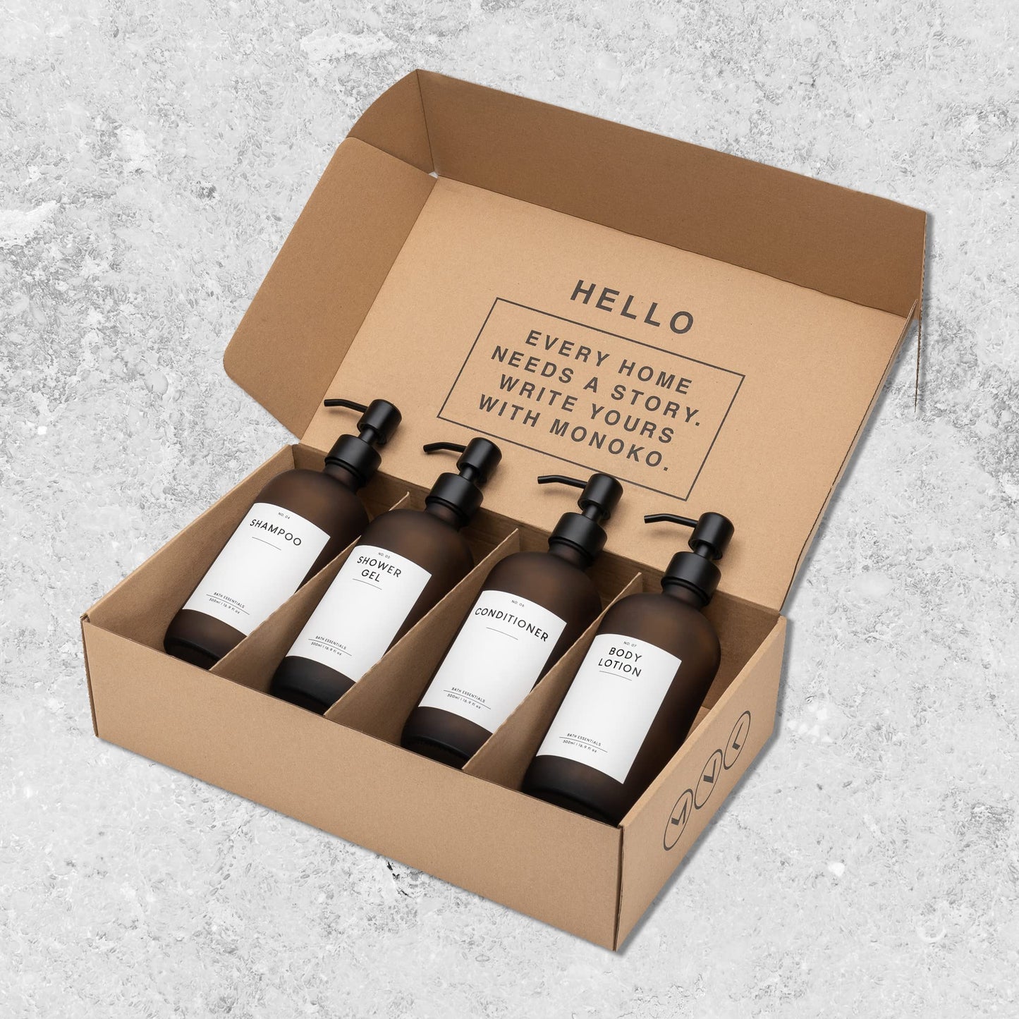 MONOKO 4-piece set soap dispenser Brown Matt made of glass | 500ml shampoo bottles for filling | Dish soap dispenser kitchen | Dispenser pump head stainless steel | Pump bottle + sticker