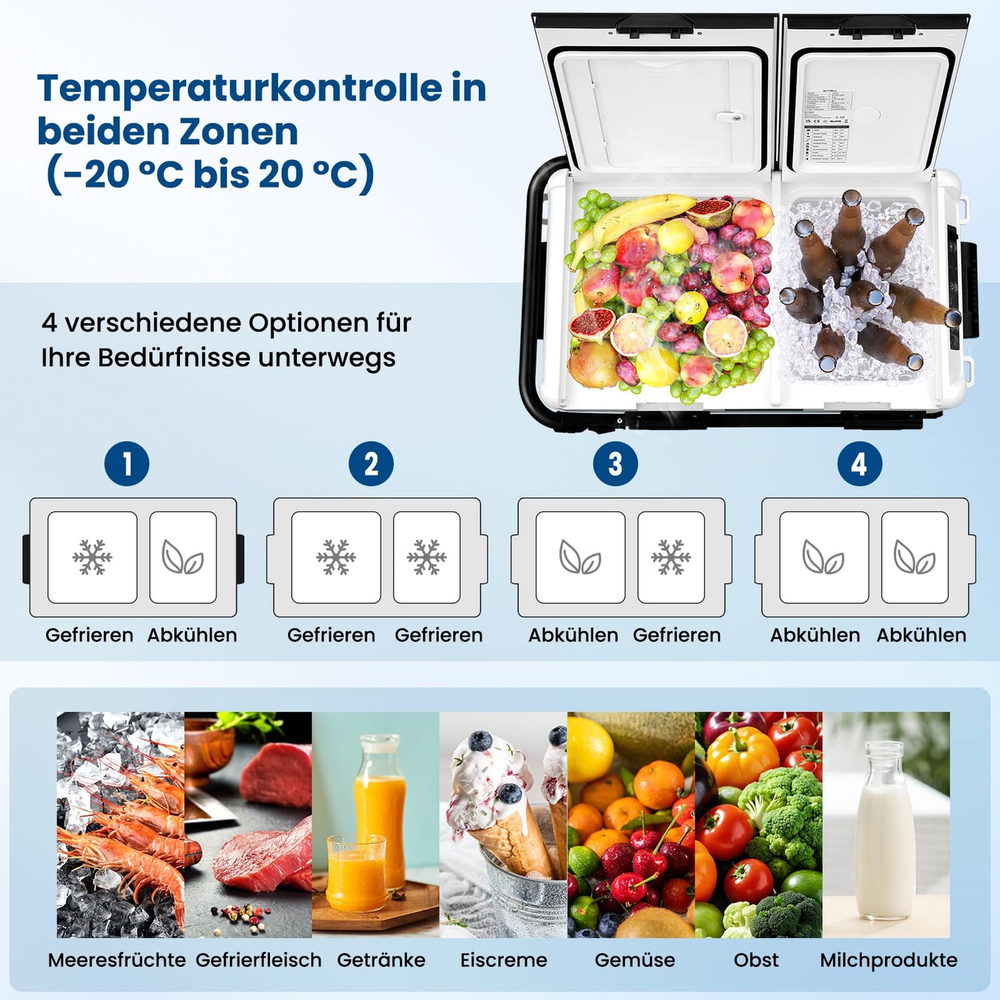 WOLTU compressor cooler electric freezer box 50L dual zone with app control USB port, 12 V/24 V, mini fridge freezer cooling up to -20°C for car boat camping, with adapter for cooler box