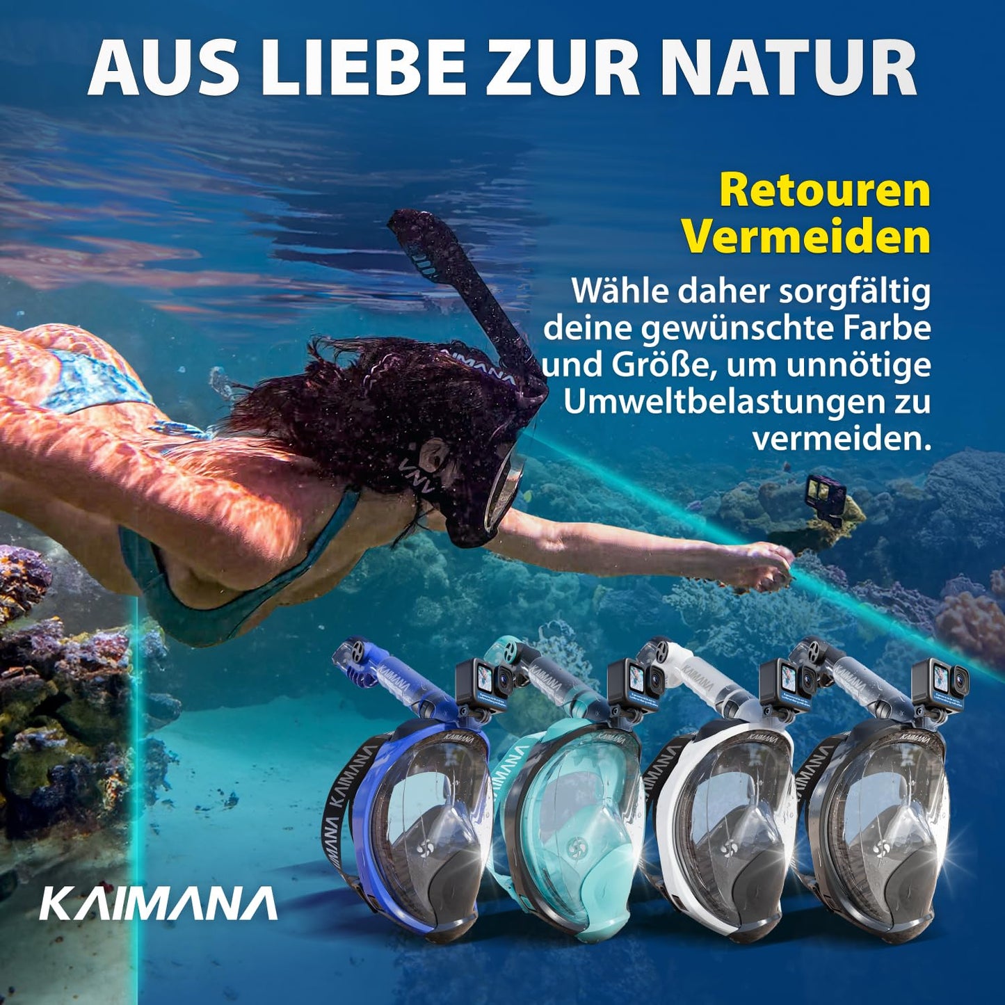 The award-winning KAIMANA® snorkel mask for adults & kids - completely CO2 safe - includes carry bag - adult diving mask - full face diving mask
