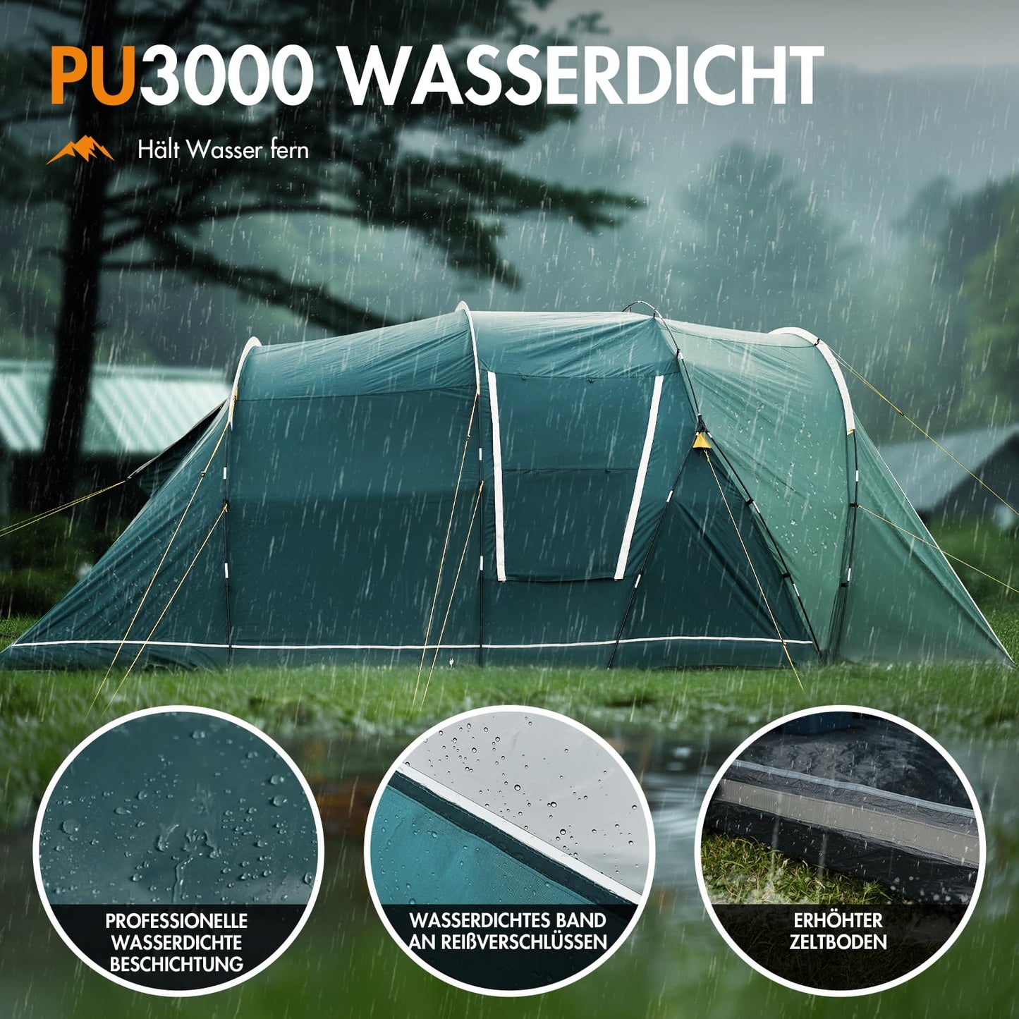 Portal tent for 5-6 people, tunnel design, waterproof 3000mm. Luxury camping tent with 2 sleeping cabins, standing height, vestibule, large floor, ideal for families, groups, camping, travel, trekking, and garden.