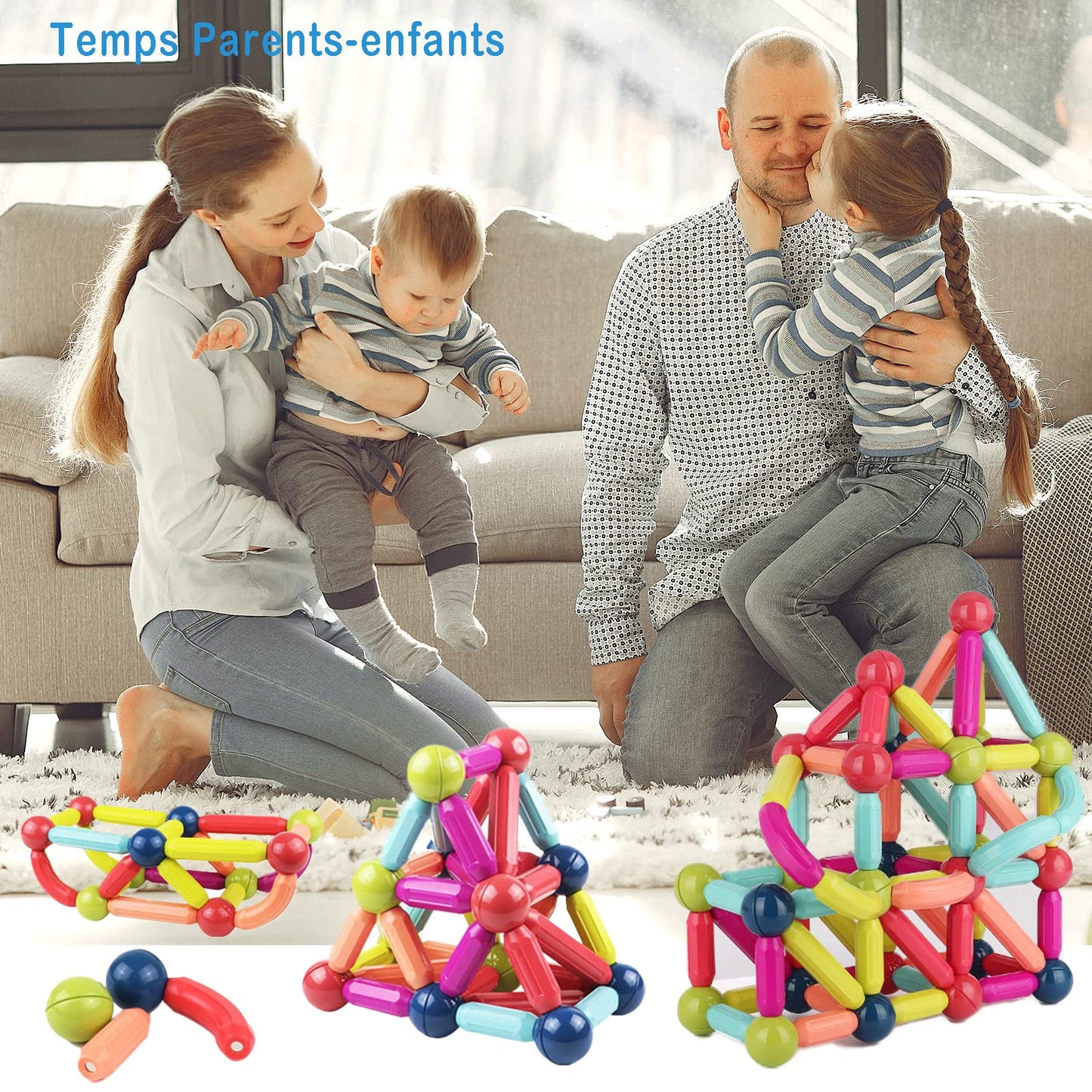 100 pieces of magnetic building blocks for children ages 2, 3, 4, 5, 6, 7. Educational magnet toy for kids, Montessori learning game with balls and rods. Perfect gift for girls and boys.