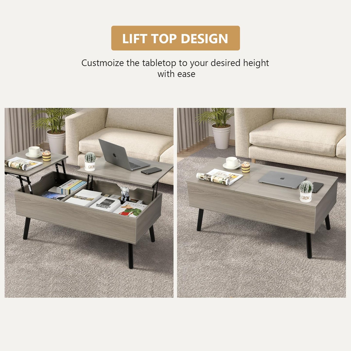 VOWNER coffee table, adjustable height, retractable, hidden storage compartment, double lift top, side table, light gray.