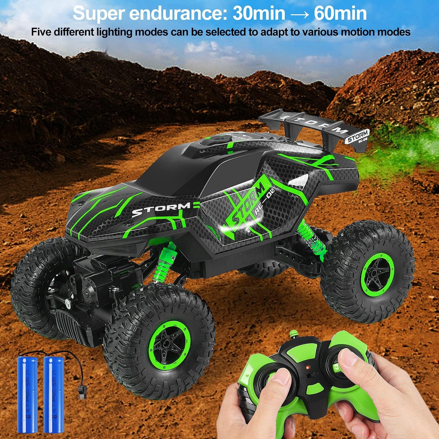 Herefun Remote Control Car, 2.4GHz Offroad RC Car, 4WD Remote Control Monster Truck with LED Light + Spray, Rechargeable High Speed RC Truck, Kids' Off-Road Car for ages 4 to 10 years old.