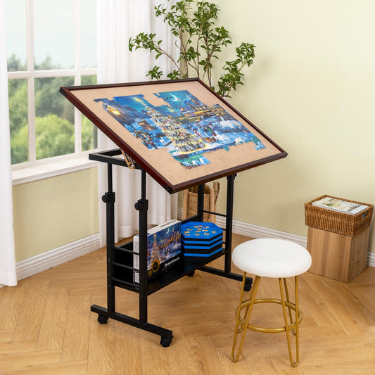 Becko US Jigsaw Puzzle Table Puzzle Board with Cover Puzzle Easel Tilting Table with Height Adjustment for Up to 1500 Pieces, Enclosed with 4 Wheels (Brown)