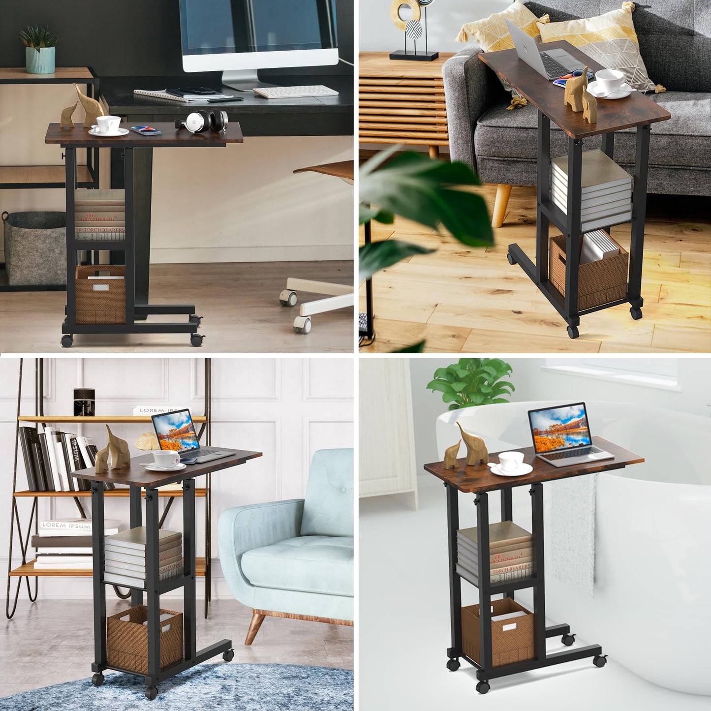 PIPIPOXER Side Table with Wheels, 60x30 cm Coffee Table with Wheels, Adjustable Height 69-90 cm Laptop Desk, Laptop Table with 360-degree Rotating Wheels for Living Room, Wood.