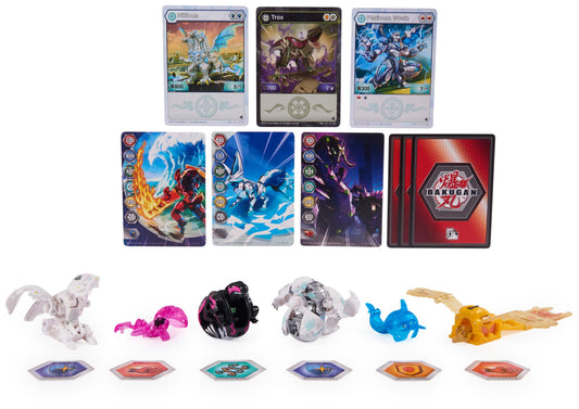 Bakugan 'Evolutions' Battle Strike 6-pack with 1 Platinum Ball (Haos Wrath), 2 Basic Balls (Darkus Trox, Haos Nillious), 1 Geogan (Aurelus Insectra), 2 Nanogan (Aquos Blade, Darkus Clutch)