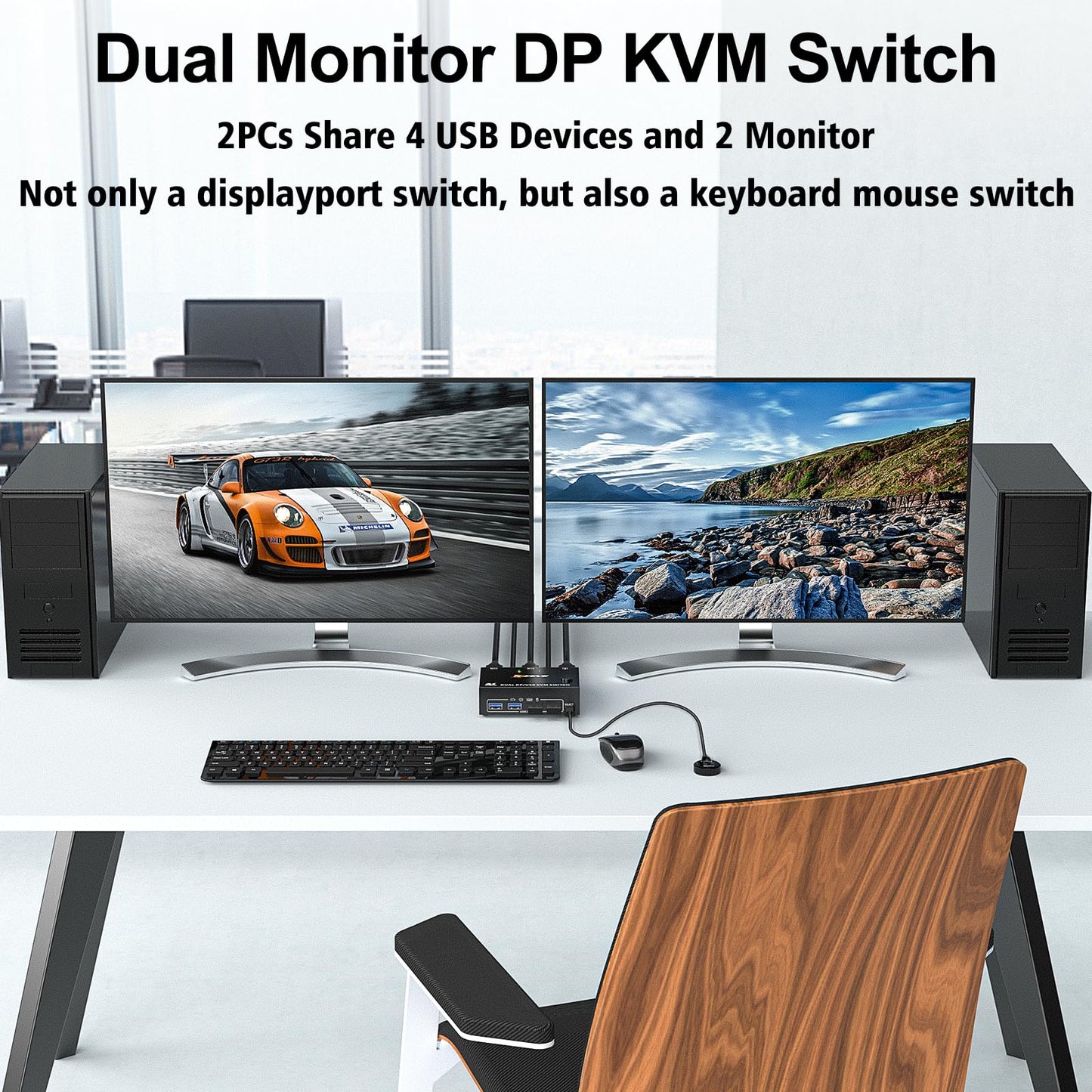 8K@30Hz KVM switch for 2 PCs and 2 monitors, 4K@144Hz dual monitor KVM switch with DisplayPort for 2 PCs, 2 monitors, and 4 USB 3.0 devices, includes DP+USB cable and desktop controller.