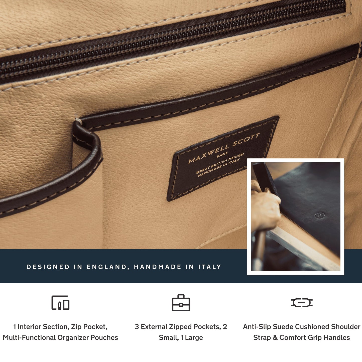Maxwell Scott - Luxurious men's business briefcase in leather with padded shoulder strap - Handcrafted from Italian full-grain hides - The Lagaro Dark Brown