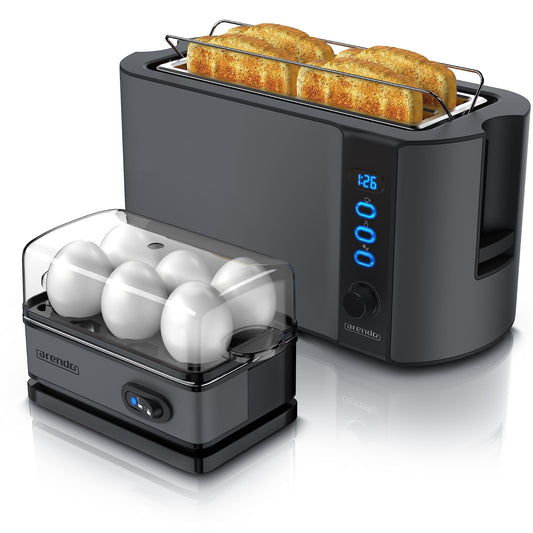 Arendo - SET egg cooker SIXCOOK with toaster FRUKOST stainless steel Cool Grey, Toaster 4 slices, LED display, 6 browning levels, bun holder - Egg cooker 1-6 eggs, measuring cup