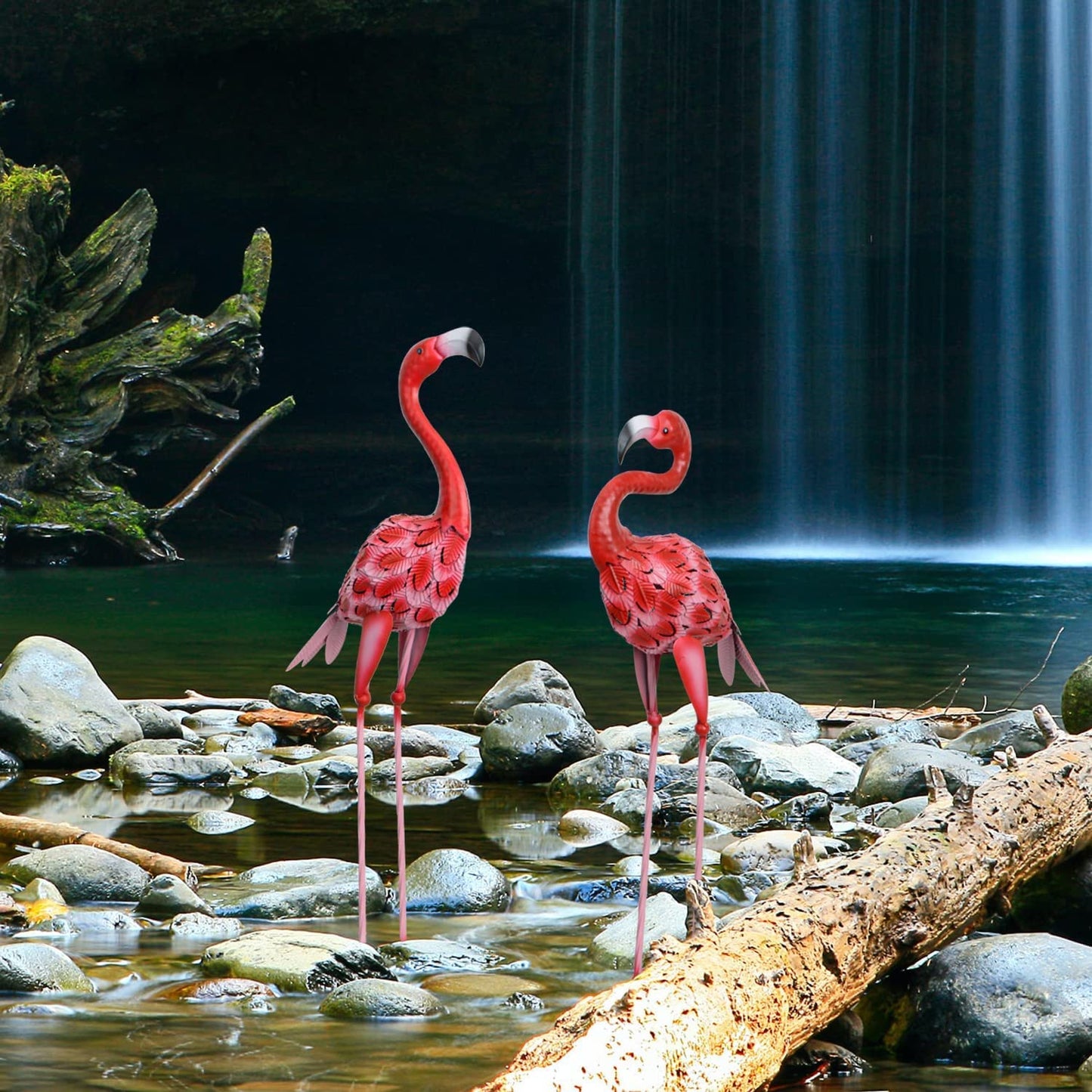 AOFOX Flamingo garden statues and sculptures, 2 pieces metal, large red flamingo bird garden art outdoor statue for home, patio, lawn, backyard decoration