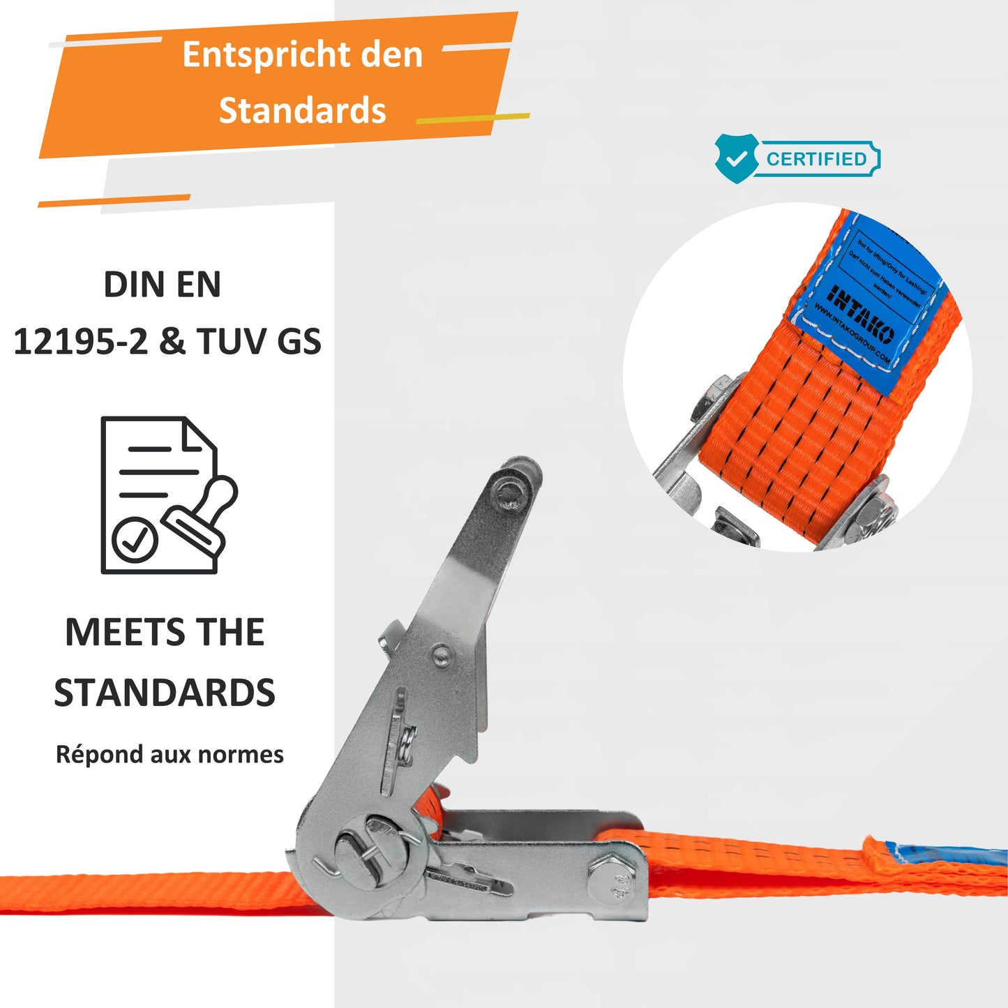 INTAKO tie-down straps with ratchet and hooks - 6m 2000kg 35mm - 4 pieces - ratchet set - ratchet strap 2-piece - lashing strap orange - TÜV GS tested and according to DIN EN 12195-2