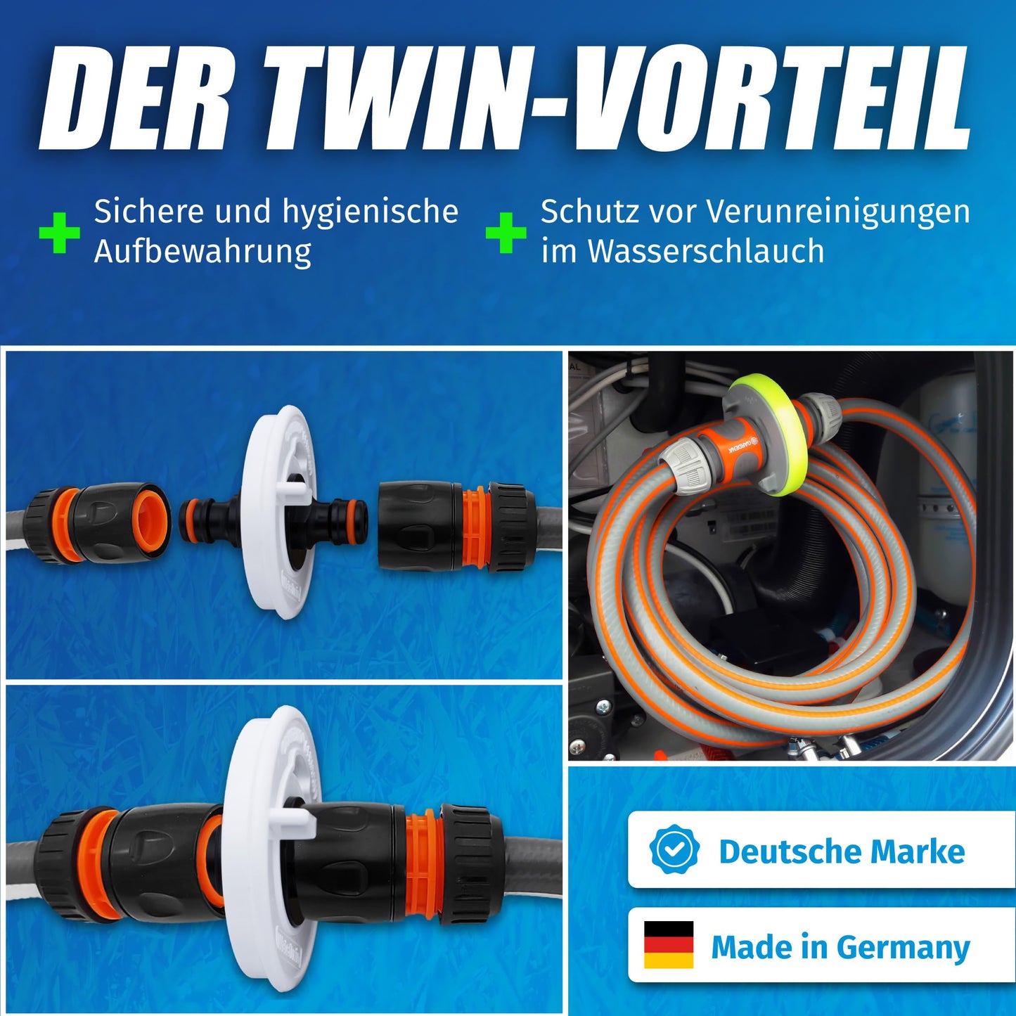 MaJoCompTec® WATERTWIN tank cap with water connection | water tank cap filling adapter for water inlet ports | motorhome caravan accessory (ECO version + starter set, adapter 3-PIN D:78)