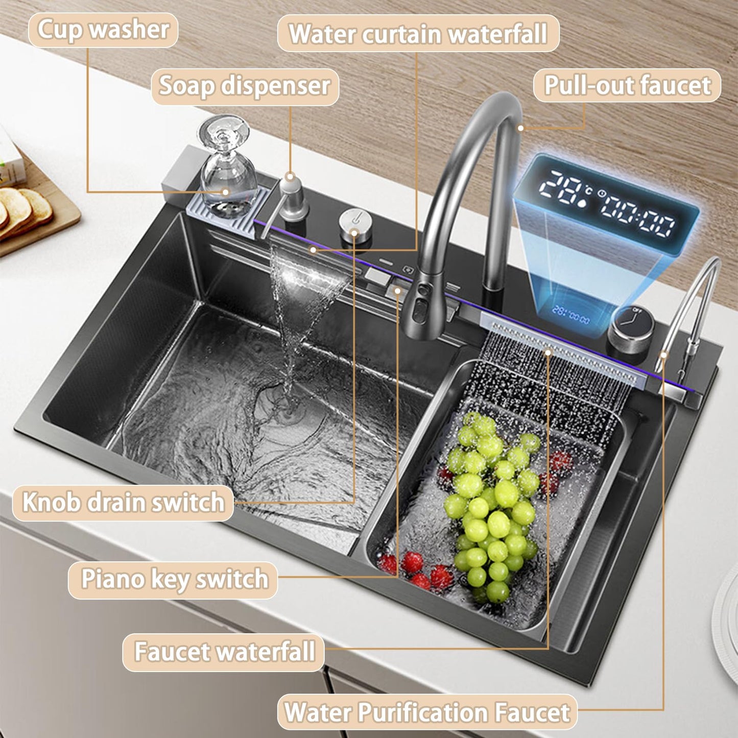 Ribanedy Multifunctional Digital Kitchen Sink, Waterfall Sink made of 304 Stainless Steel, with 5 Water Outlet Modes, Waterfall Pull-out Faucet, Cup Cleaner, and other sink accessories set (68 X 46 cm).