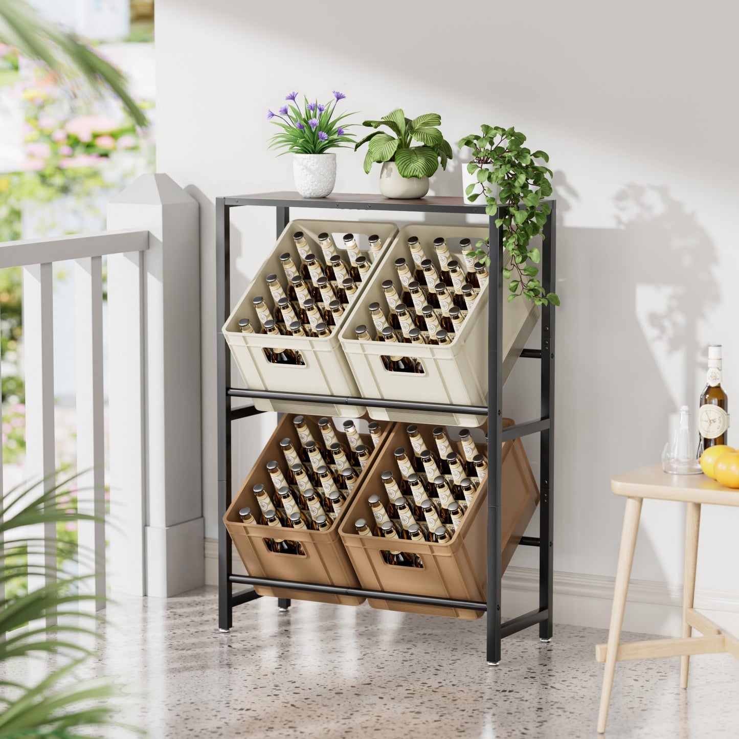 PickPiff 4 Crates Beverage Crate Rack with Shelf - Black Metal Drink Rack, Space-saving Crate Rack with 2 Levels for Beer, Fruit, Vegetables, Water - For Living Room, Kitchen & Basement, 4 Boxes