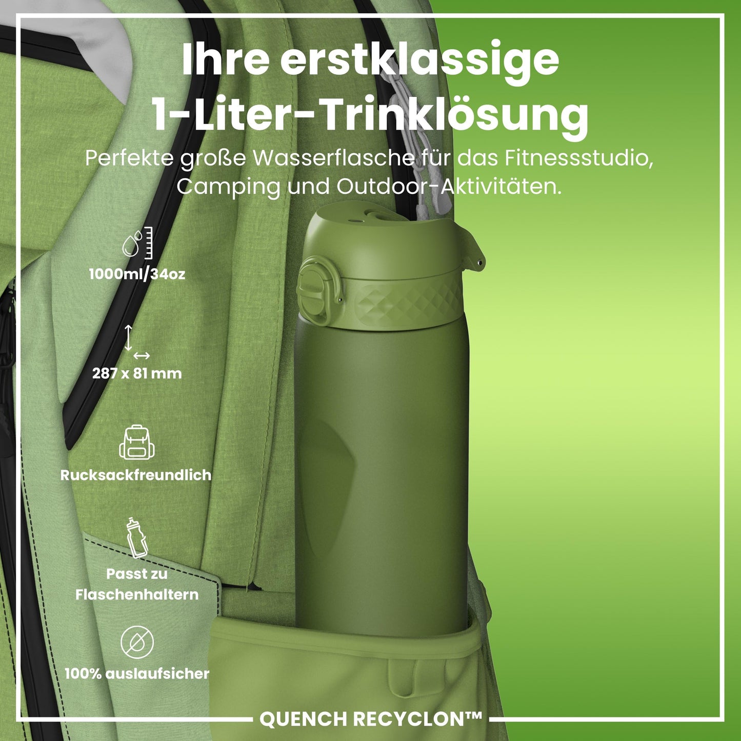 ion8 1 liter water bottle, 1000ml, leak proof, one-handed opening, secure locking, dishwasher safe, BPA-free, carrying handle, easy to clean, perfect for sports and gym, khaki green