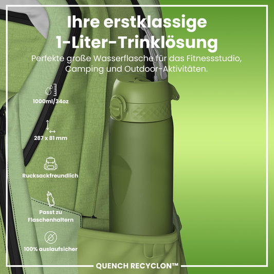 ion8 1 liter water bottle, 1000ml, leak proof, one-handed opening, secure locking, dishwasher safe, BPA-free, carrying handle, easy to clean, perfect for sports and gym, khaki green