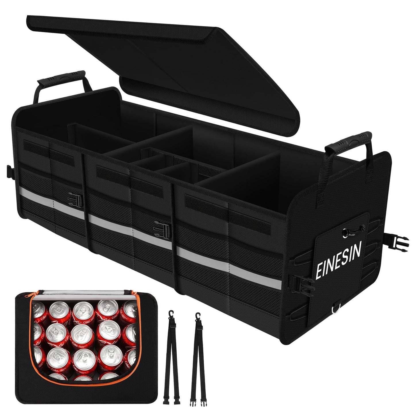 One Extra Large 88L Car Trunk Organizer and 22L Cooler Bag, with 7 compartments, car storage box, collapsible car trunk organizer with compartments and foldable lid.