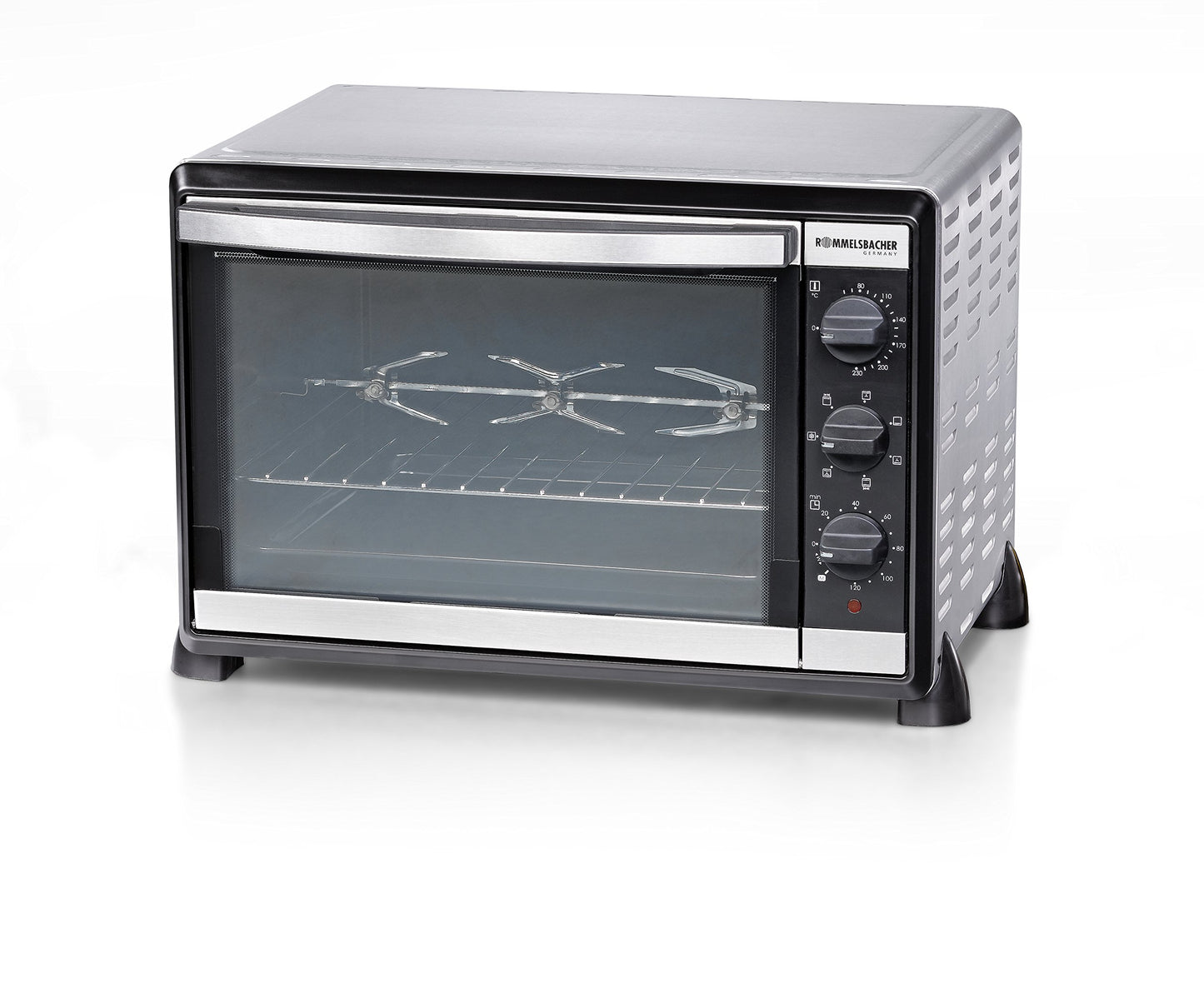 ROMMELSBACHER Back & Grill Oven BG 1805/E - 42 liter capacity, 7 heating modes, convection, rotisserie, temperature range of 80-230 °C, double glazed door, interior lighting, timer, 1800 W, stainless steel.