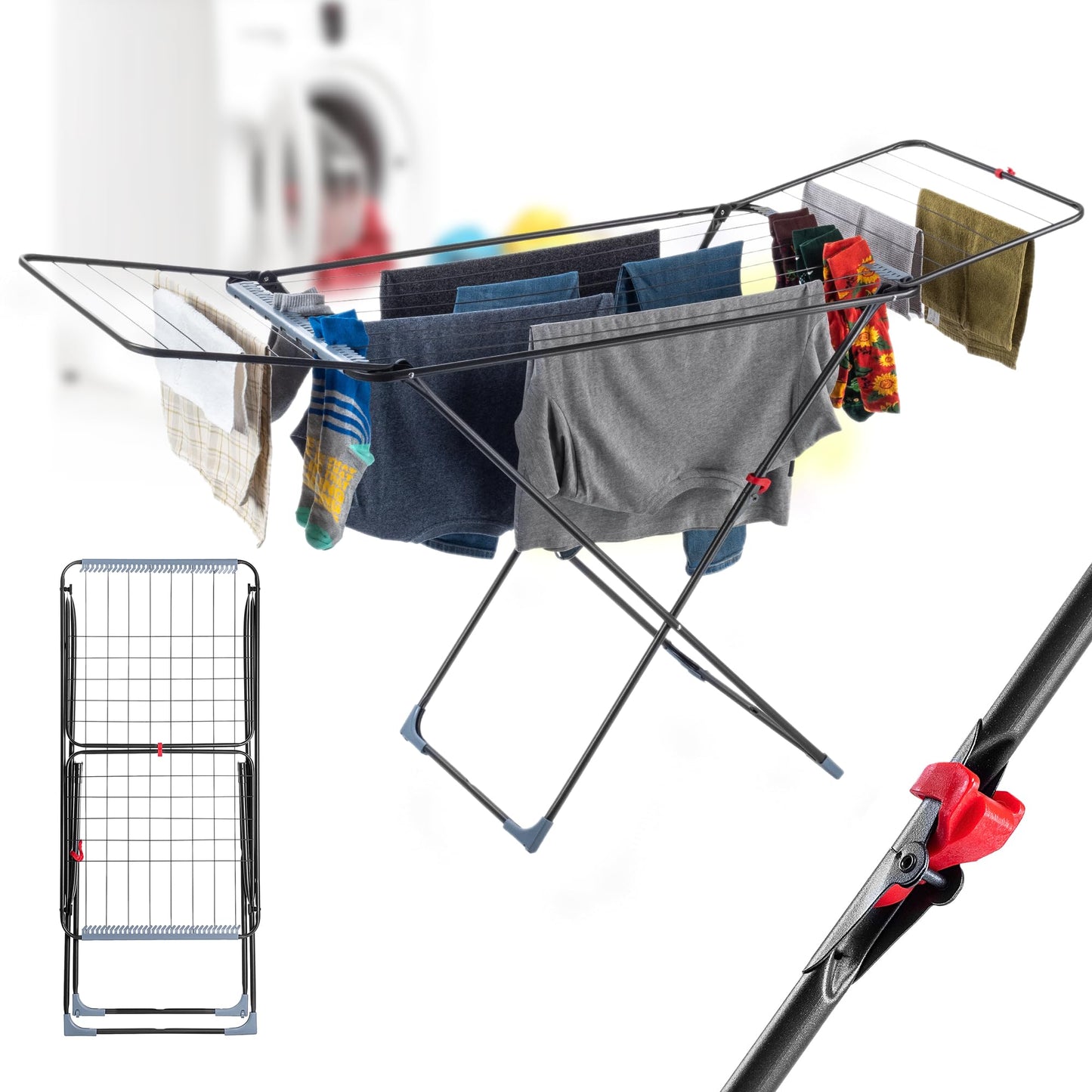 KADAX clothes dryer with 18m drying area in anthracite color, with wheels & sock hanger. Ideal for apartment balcony & garden, foldable wing dryer with non-slip feet, space-saving, Made in EU.