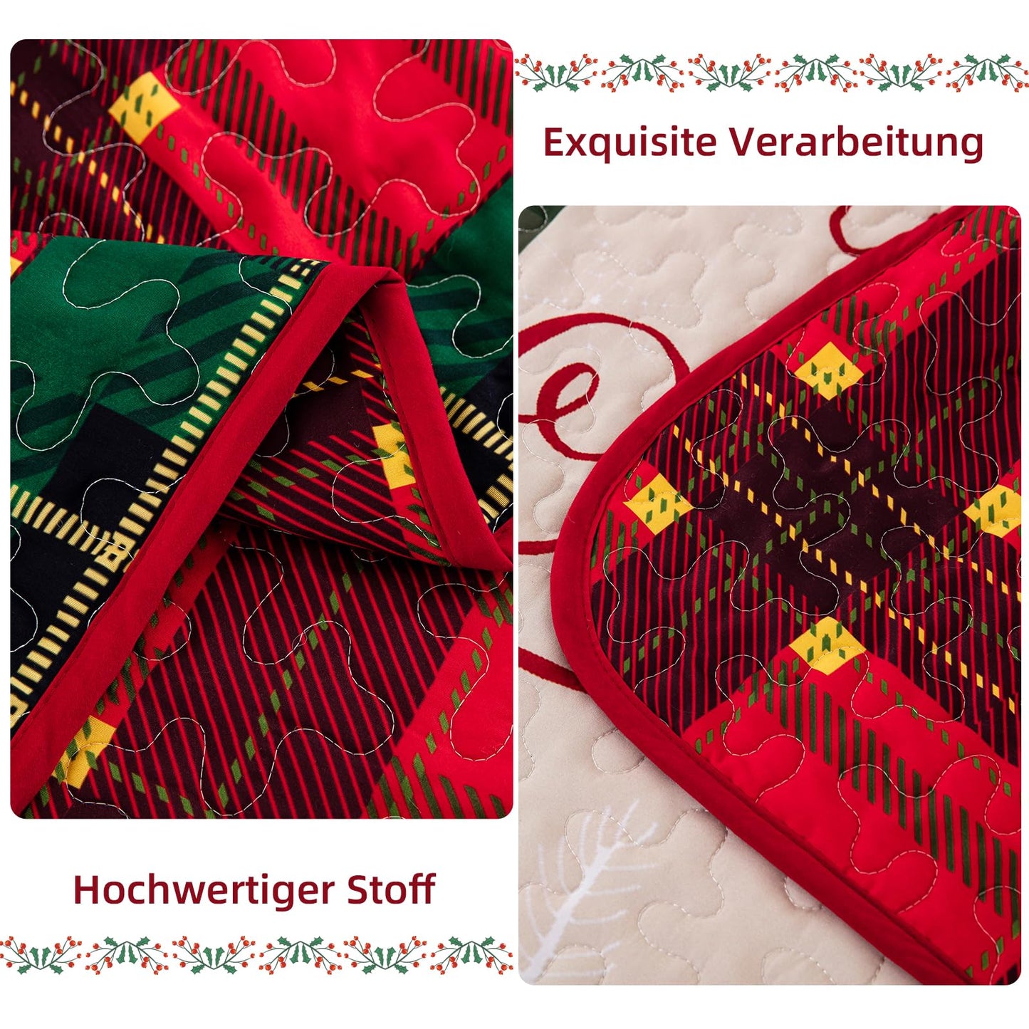 WONGS BEDDING Quilt 220x240 Bedspread Quilt Double Bed Quilted Microfiber 3 Pieces Christmas Quilt Bedspread Quilt with 2 Pillowcases 50x75, White & Red Checkered