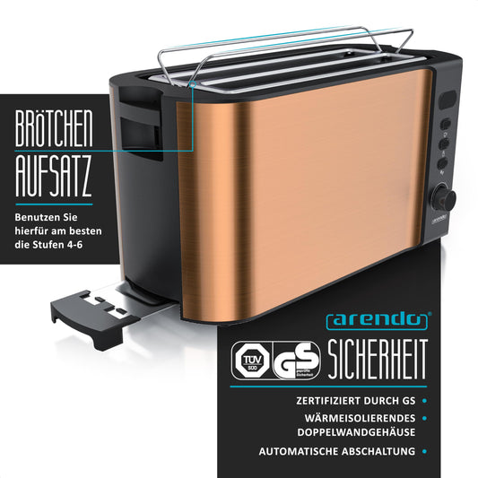 Arendo - Stainless Steel Long Slot 4-Slice Toaster - Defrost Function - Heat-insulating housing - with integrated roll attachment - 1500W - Crumb tray - Display with remaining time display - Copper