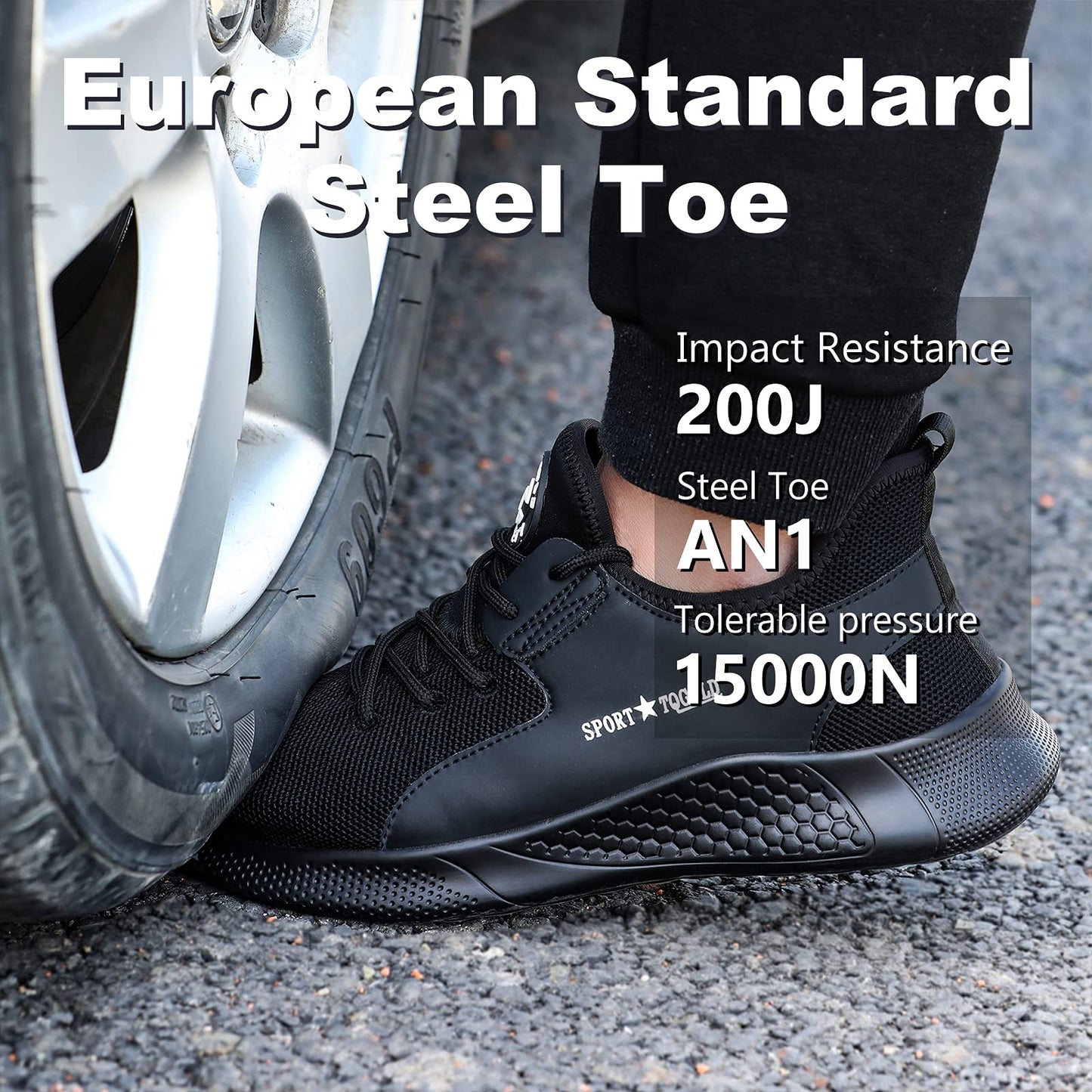 AONETIGER safety shoes for men and women. Lightweight work shoes with steel toe. Breathable, anti-slip sports protective shoes. Sneakers in size 40, black.
