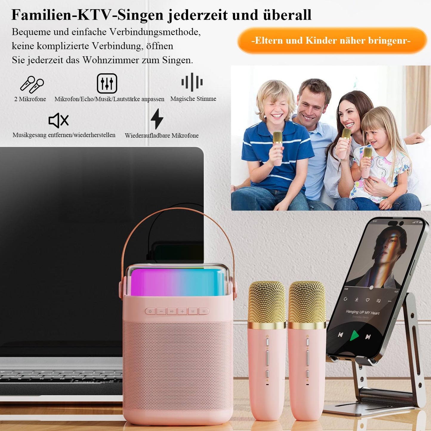 Tmiyas Karaoke Machine with 2 Wireless Microphones, Portable Bluetooth Karaoke Speaker with LED Lights for Home Party, Gift for Birthday, Christmas, Toys for Girls and Boys.
