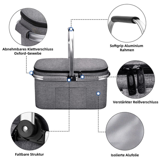 ALLCAMP Large Foldable Insulated Cooler Bag - Shopping Basket With Lid, Detachable Picnic Basket for 2, Aluminum Frame Cool Basket, Thickened Thermal Basket - With 2 Ice Packs