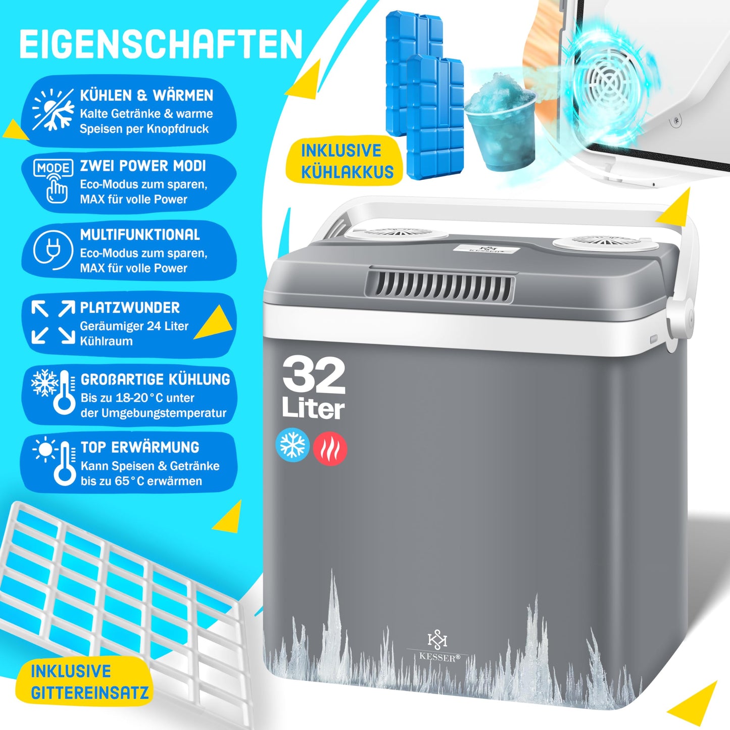 KESSER® Cooler Box Thermobox 32 liters | Thermo-Electric Cooler Box | COOLS and WARMS | 12 & 230V | Cooler Box for Car, Boat & Camping | Mini Fridge with ECO & MAX Mode | incl. Cooling Packs