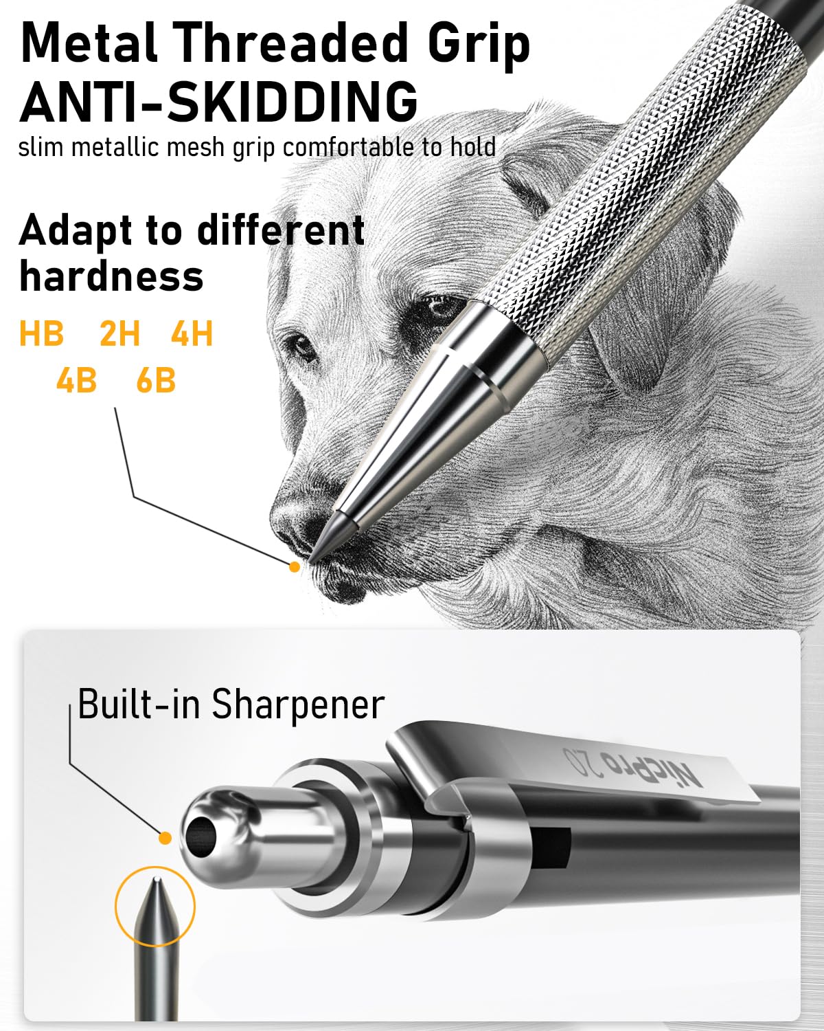 Nicpro 34-piece mechanical pencil set, black metal mechanical pencil set, 0.3, 0.5, 0.7, 0.9mm, and 2mm lead holders (6B, 4B, 2B, HB, 2H, 4H, CR) for sketching, drawing, with 19 tubes of lead.