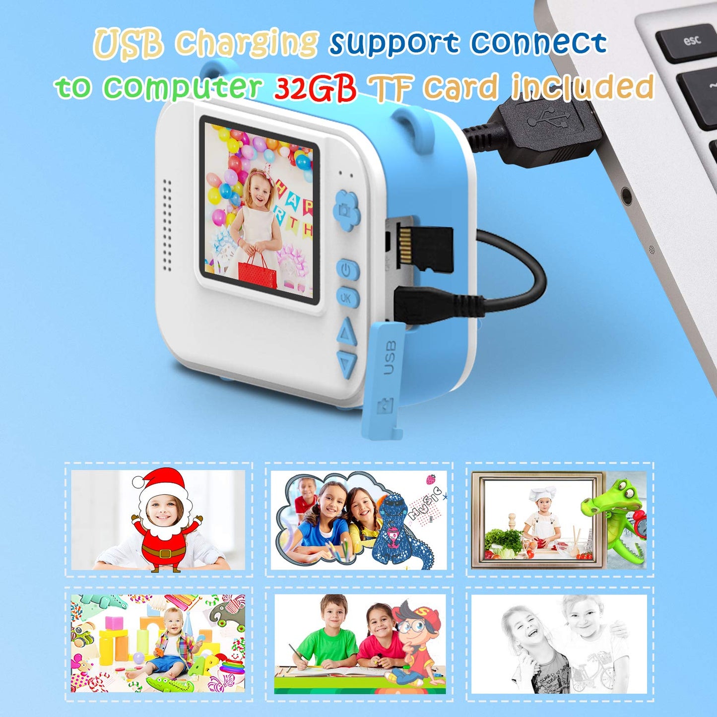 Kids Camera- Digital Camera Instant Print Camera 1080P 2.4 Inch Screen Video Camera Black and White Photo Camera with 32GB Card, 3 rolls printing paper, 5 color brush pens Gift for Children 3-12 Years