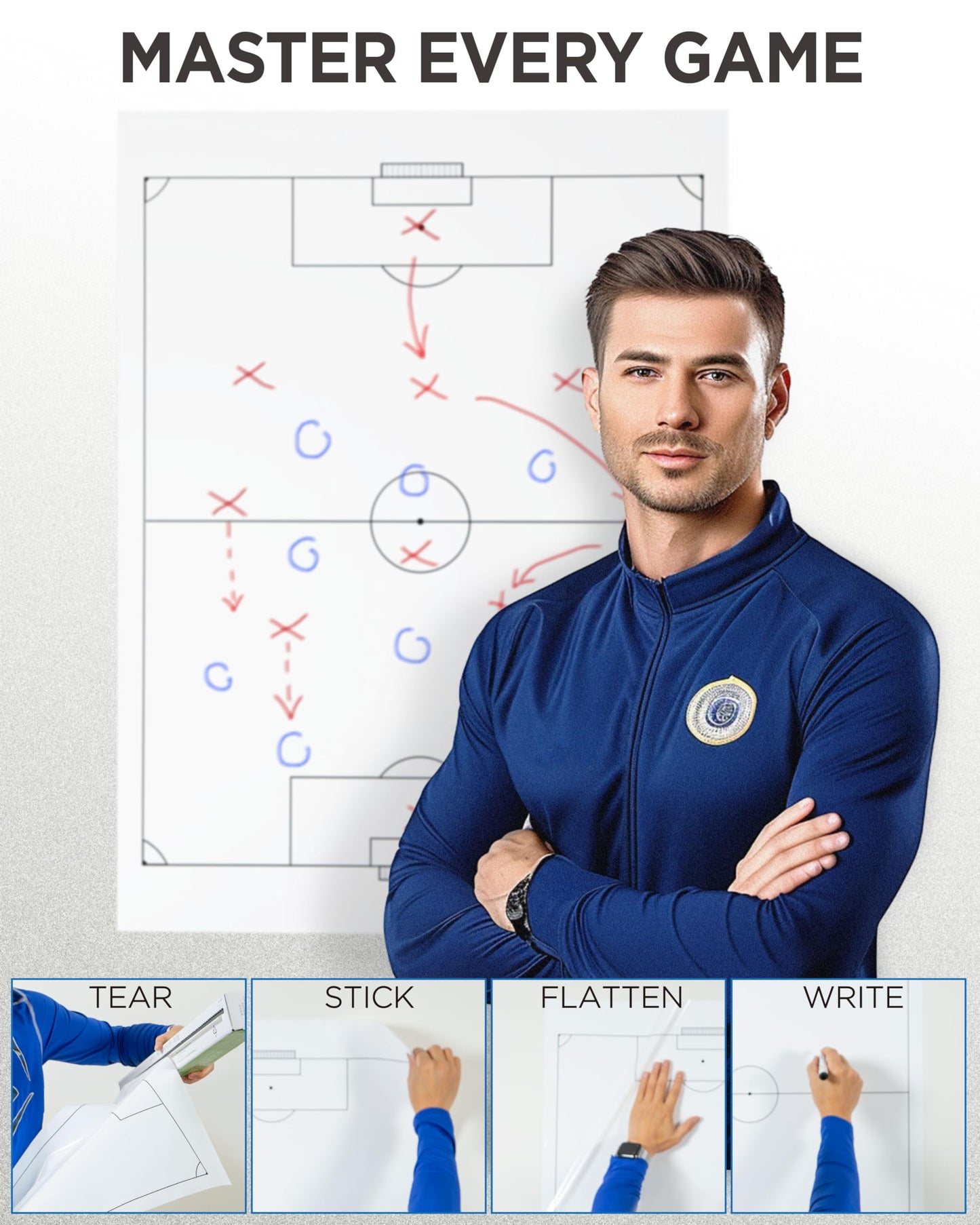 EASYCLING® Magic Football Tactical Board - Self-adhesive static football tactics sheets with 25 sheets & 2 board markers included. Erasable and rewritable, suitable for all smooth surfaces, 80cmx60cm.
