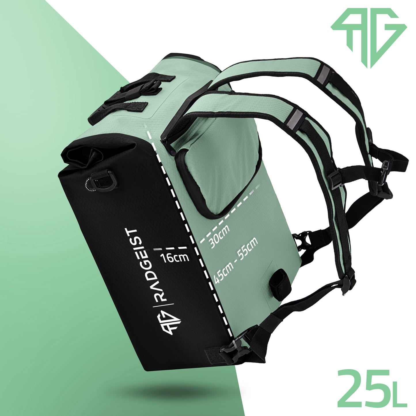 RADGEIST 3in1 bike bag for luggage rack - bike backpack - luggage rack bag - shoulder bag - with laptop compartment - waterproof - 25L - mint