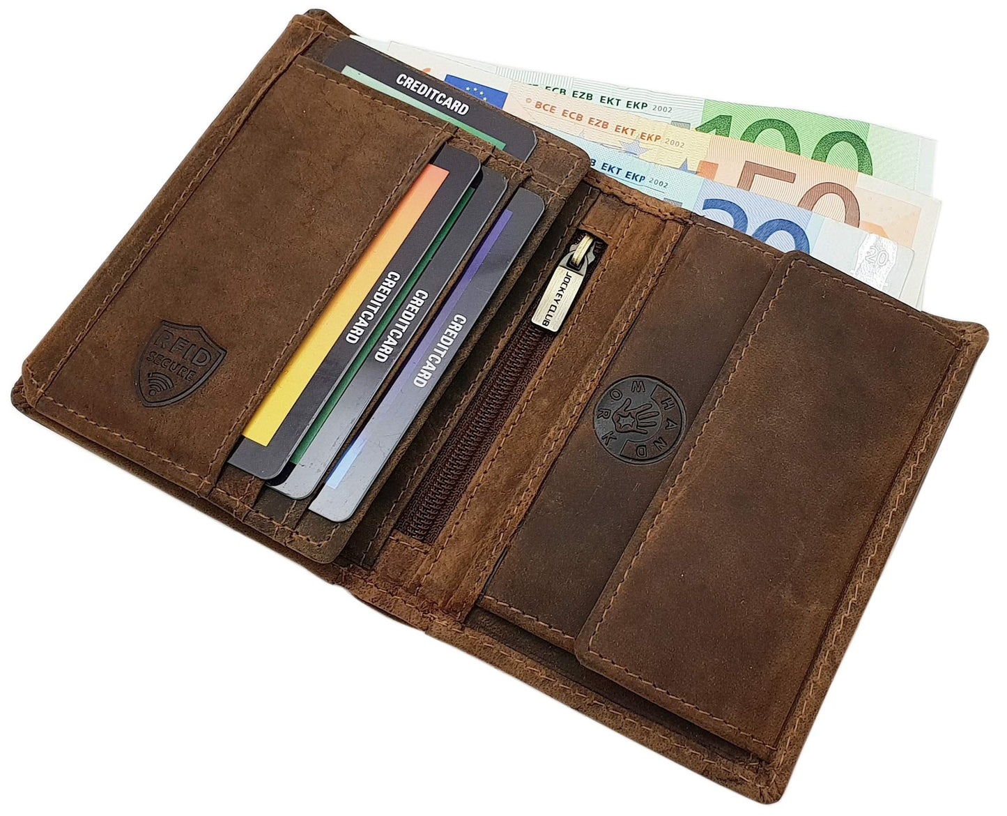 myledershop Genuine buffalo full grain leather vertical biker wallet/purse with metal chain and RFID & NFC protection (skull design/brown)