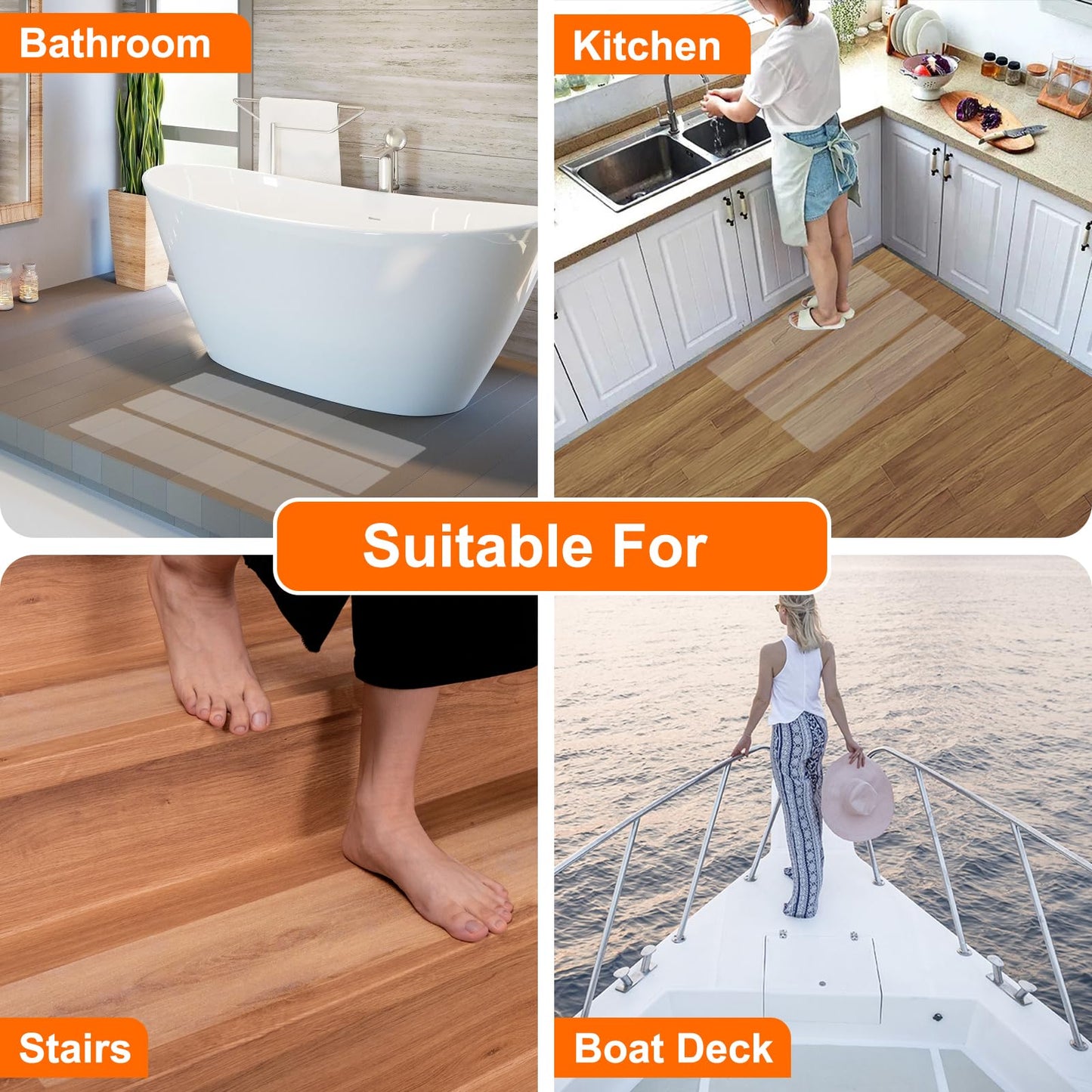 Non-slip stair treads mats, transparent self-adhesive stair carpet treads for indoor wood stairs floor, anti-slip mat adhesive pads, 10 x 60 cm, 15 pieces.