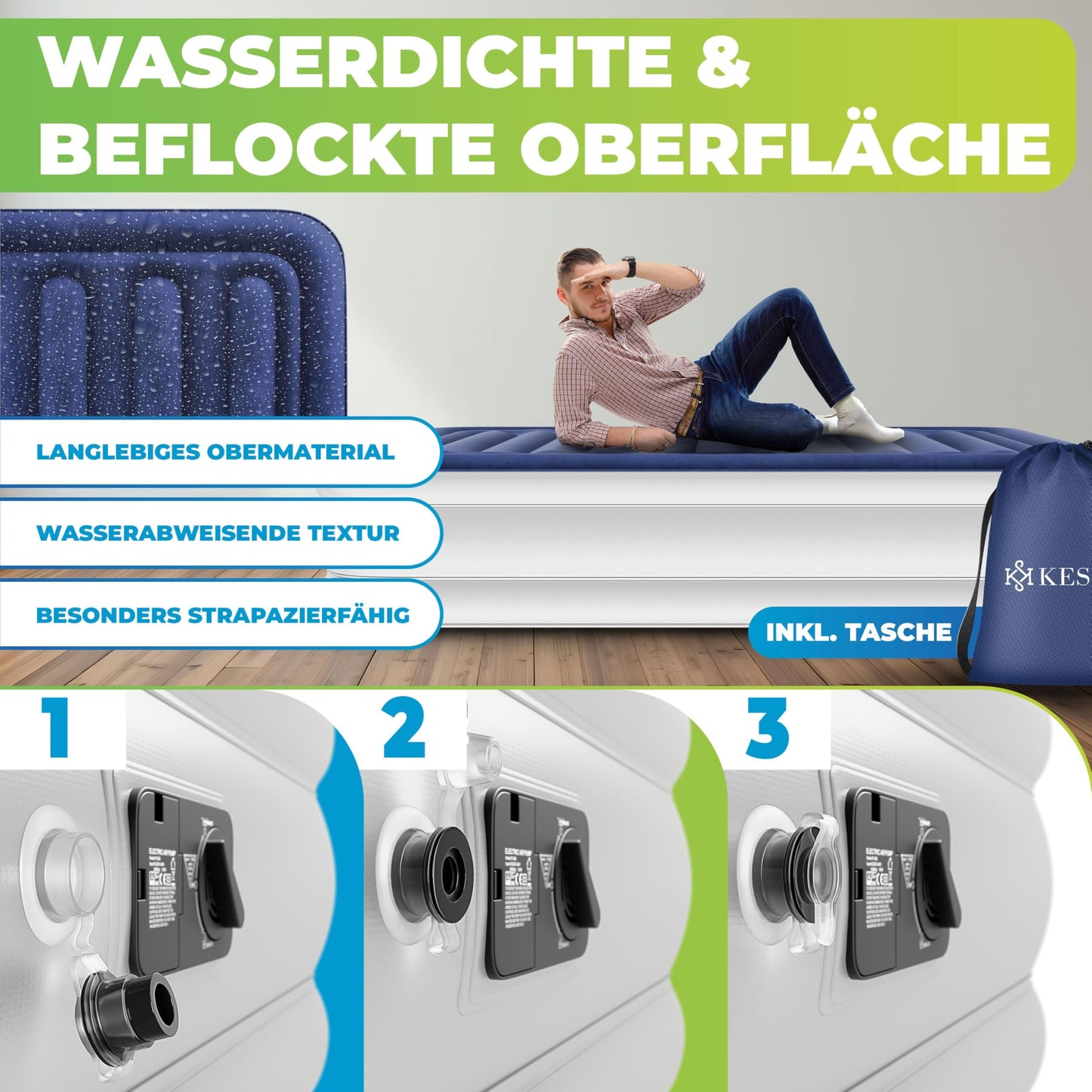 KESSERยฎ Inflatable Mattress Airbed Self-Inflating Guest Bed with Built-In Electric Pump, Air Mattress for Camping or Home Use with Bag, Suitable for 1 Person - 203 x 95 x 51cm