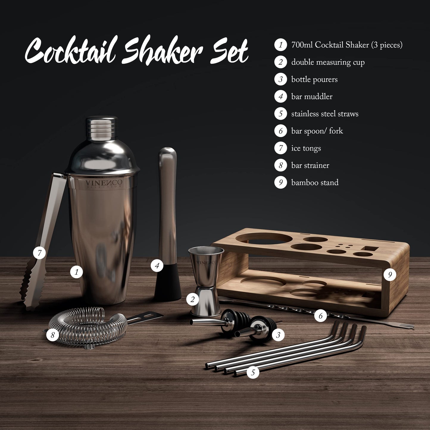 Cocktail shaker set with stand & recipe book: Premium stainless steel bar cocktail set cocktail shaker jigger straws bar spoon muddler | Bartender bar set cocktail accessories gift women men