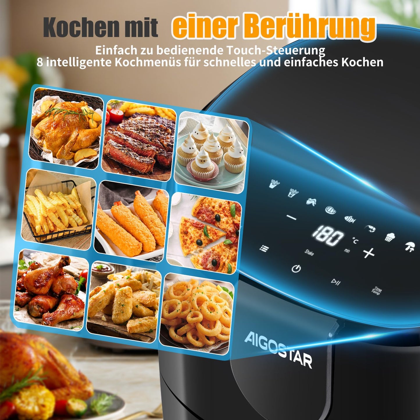 Aigostar Air Fryer 4L, large capacity hot air fryer, oil-free, 8 menu options, LED touchscreen, 1500W, BPA-free.