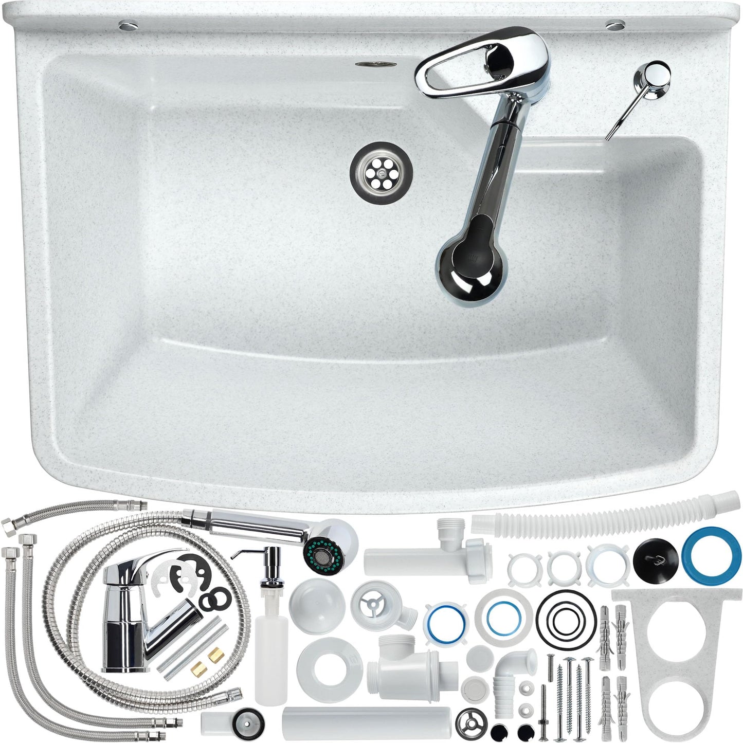 GOSPO Sink basin with pull-out faucet, washbasin 61 x 44 x 23.5 cm, utility sink with soap dispenser, siphon, sink including accessories, utility room, industrial washbasin (white)