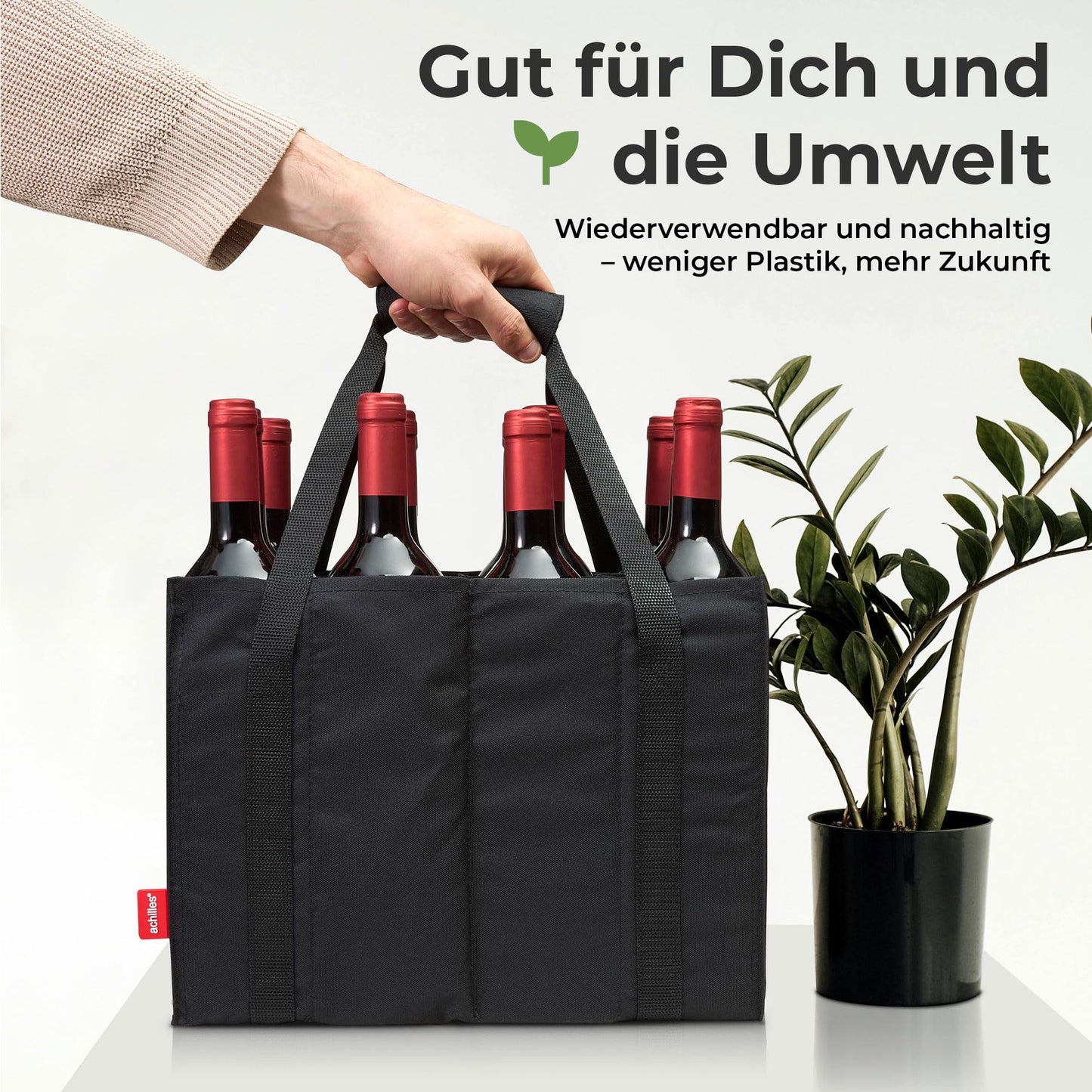 Achilles bottle holder with 12 compartments for 1.5 liters each. Tear-resistant bottle carrier with Velcro fastening. Foldable with dividers for water bottles, wine, and beer. Black.